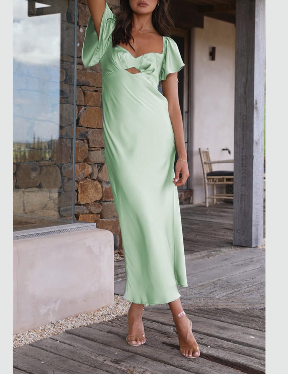Elegant Summer Satin Flutter Sleeve Wedding Guest Dress for Women - Sweetheart Neckline, Cutout Back with Tie Detail, Midi Cocktail Dress | Perfect for Weddings, Garden Parties & Formal Events