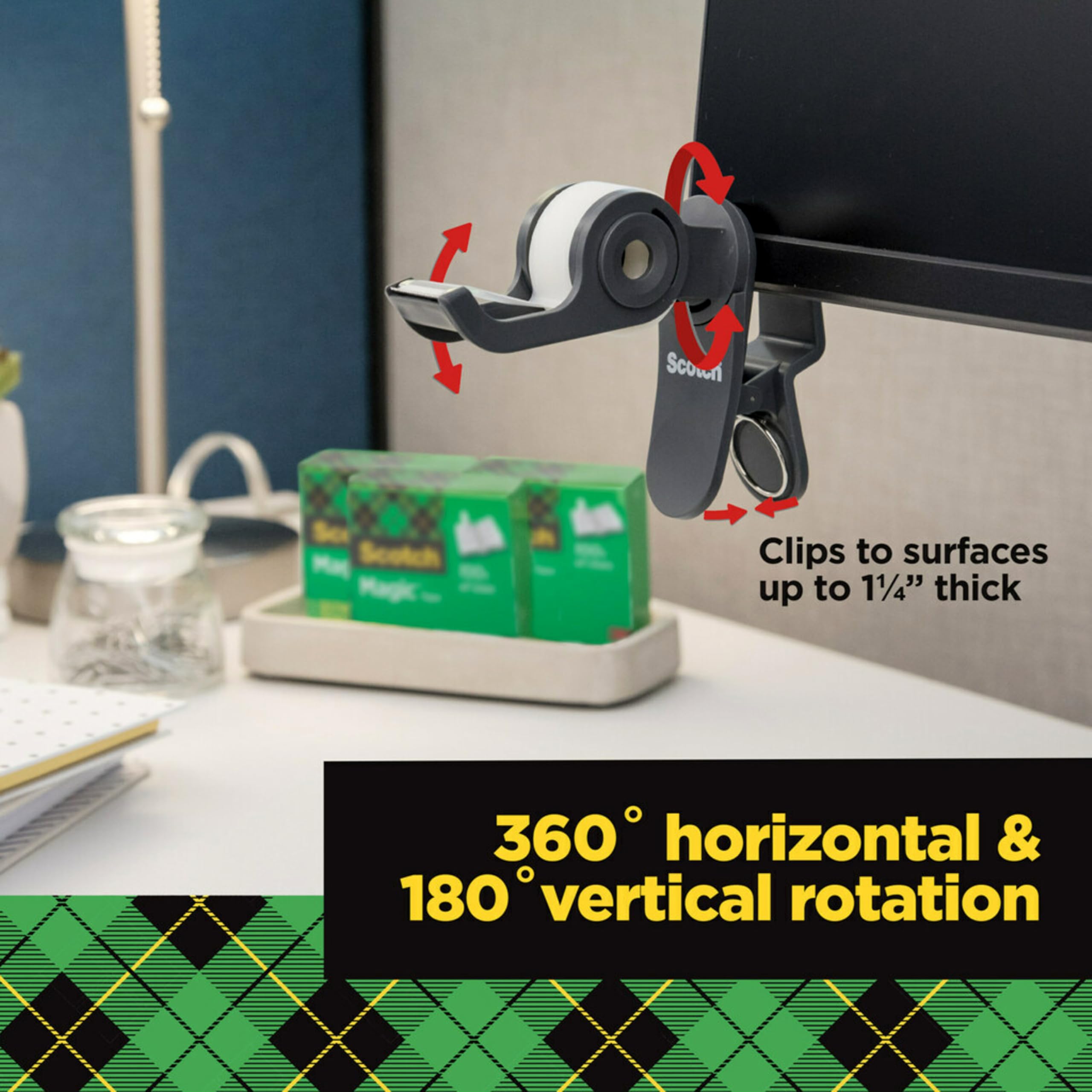 Scotch Brand Clip & Twist Tape Dispenser - 3-Pack, Charcoal Gray, Desk & Table Clip-On for Easy Gift Wrapping, Office Supplies, Crafting & Home Organization (C19-3PK-SIOC)