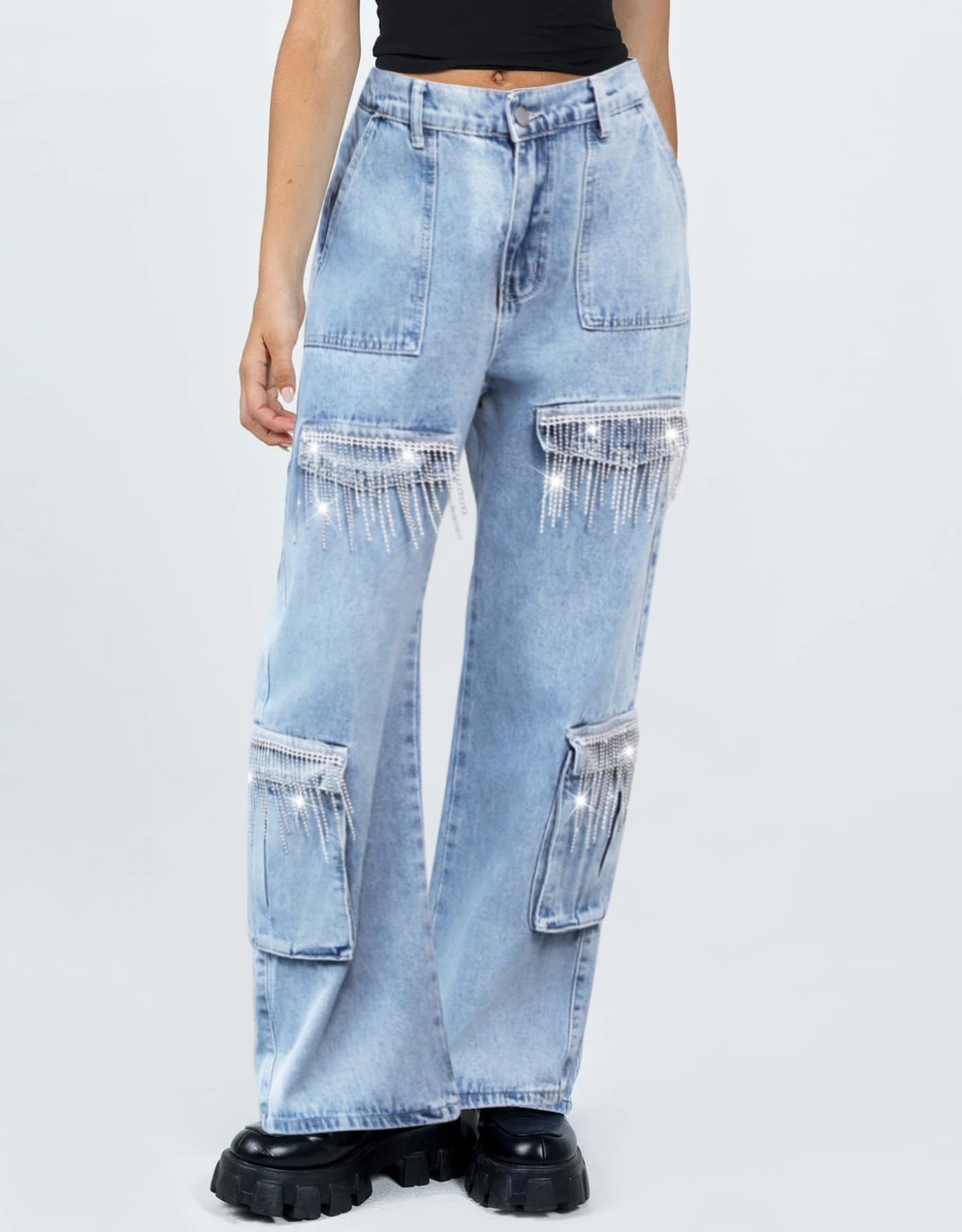 Sparkly Glitter Fringe Cargo Denim Jeans for Women - Rhinestone Tassel Wide Leg Pants | Nashville Style for Concerts, Parties & Night Out