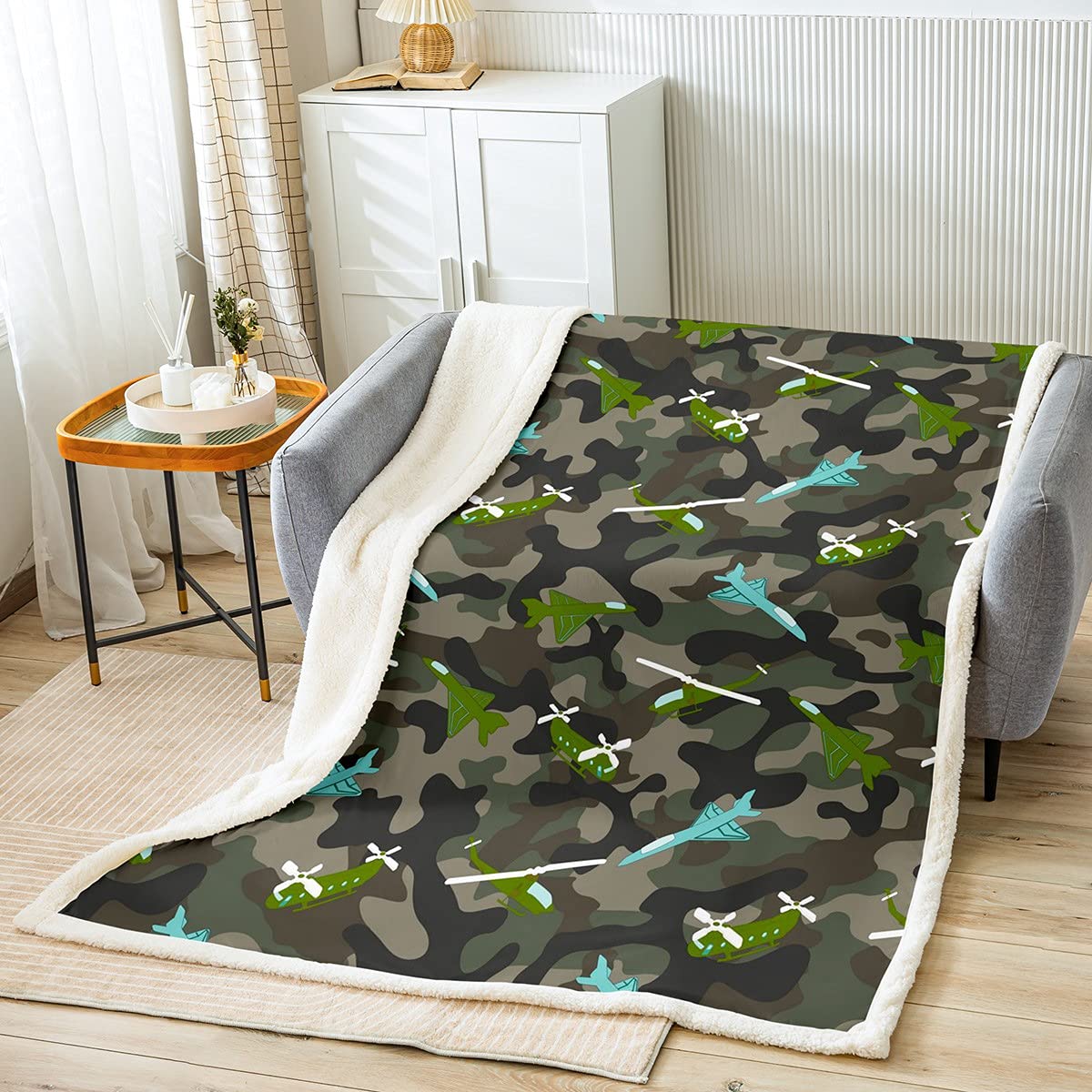 Kids Camouflage Airplane Fleece Blanket - Army Camo Helicopter Sherpa Throw Blanket for Boys & Girls, Ultra Soft Plush Fuzzy Blanket 90
