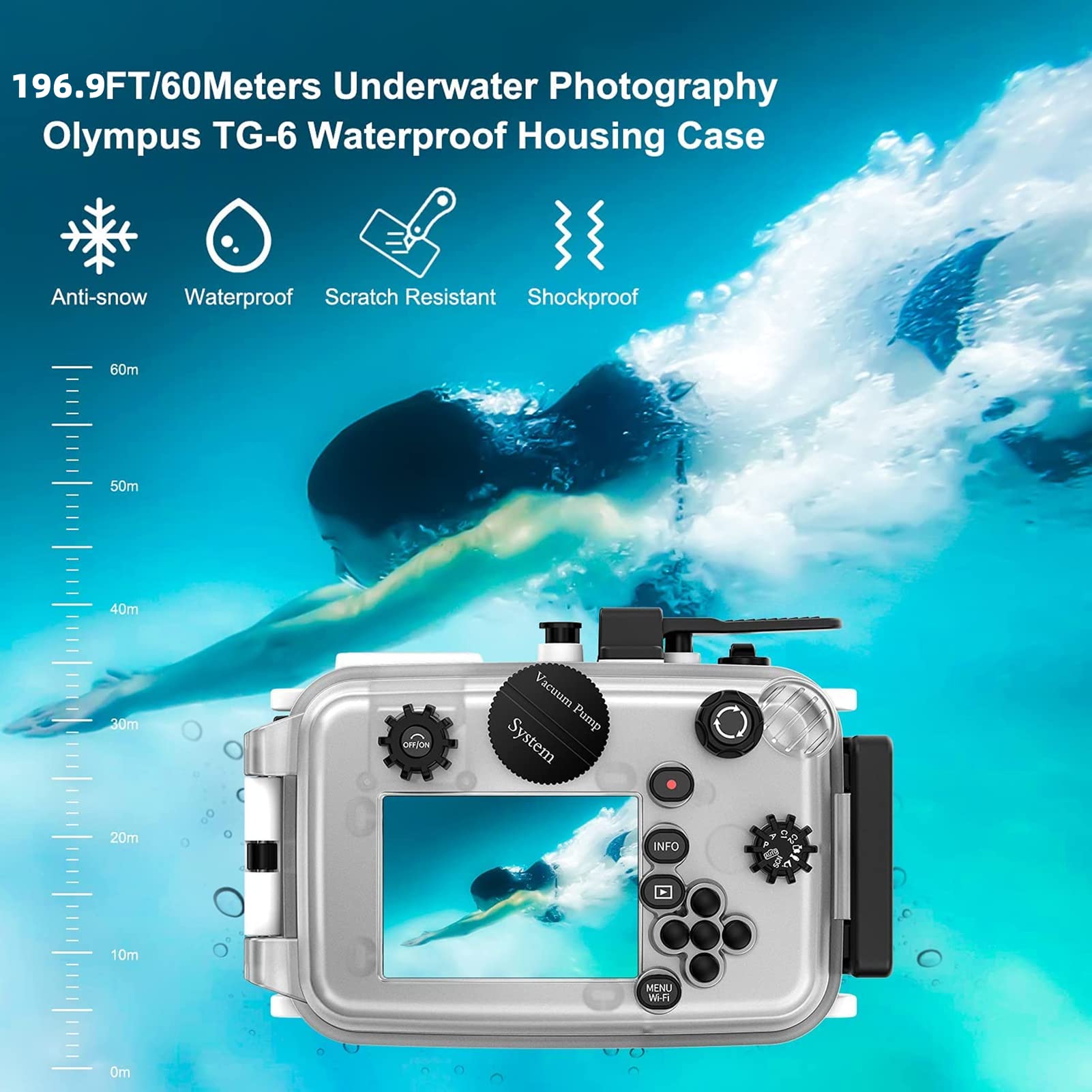 Waterproof Housing Case for Olympus TG6 - 60M/200FT Deep Underwater Camera Protective Shell, Diving Case for Snorkeling & Scuba Photography