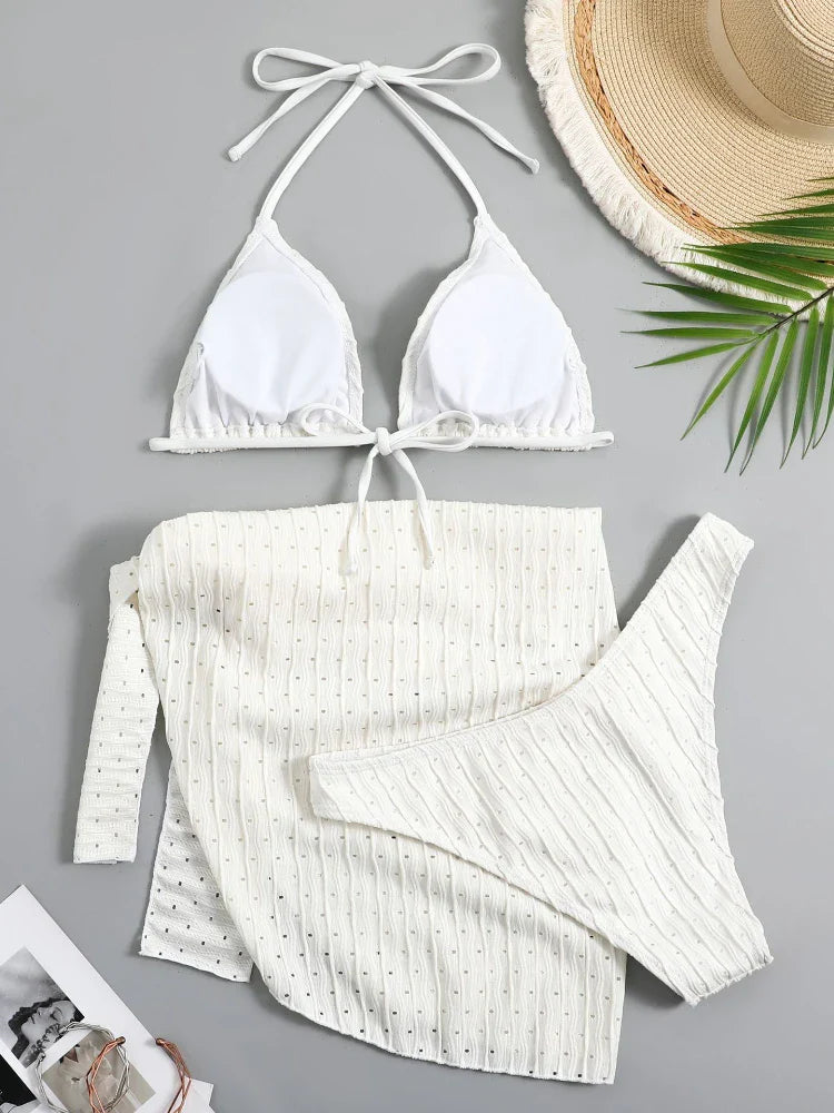 2023 New Women's 3-Piece Swimsuit Set - Sexy Thong Bikini with Sarong Skirt | White & Pink Beachwear for Pool, Vacation & Summer Fun