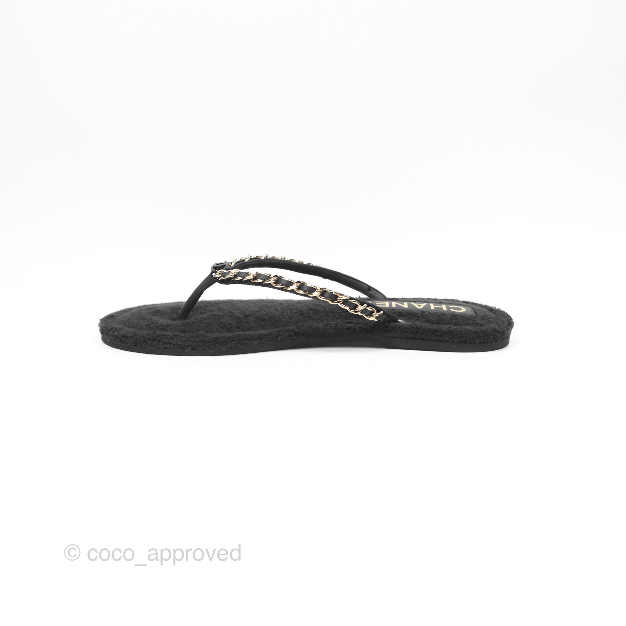 Chanel Chain Terry Slide Thong Sandals for Women - Black Comfortable Summer Beach Sandals Size 39 - Perfect for Poolside, Vacation & Casual Outings
