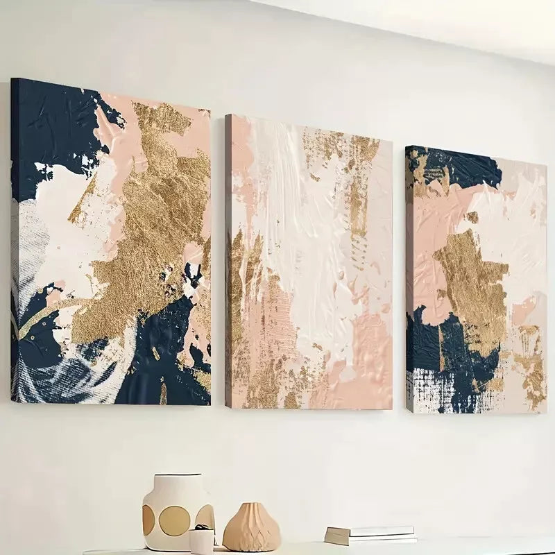 3-Piece Modern Abstract Fashion Wall Art Set - Gold, Pink & Blue Framed Canvas Prints 40x60cm | High Quality Australian Made | Perfect for Living Room, Bedroom & Office Decor