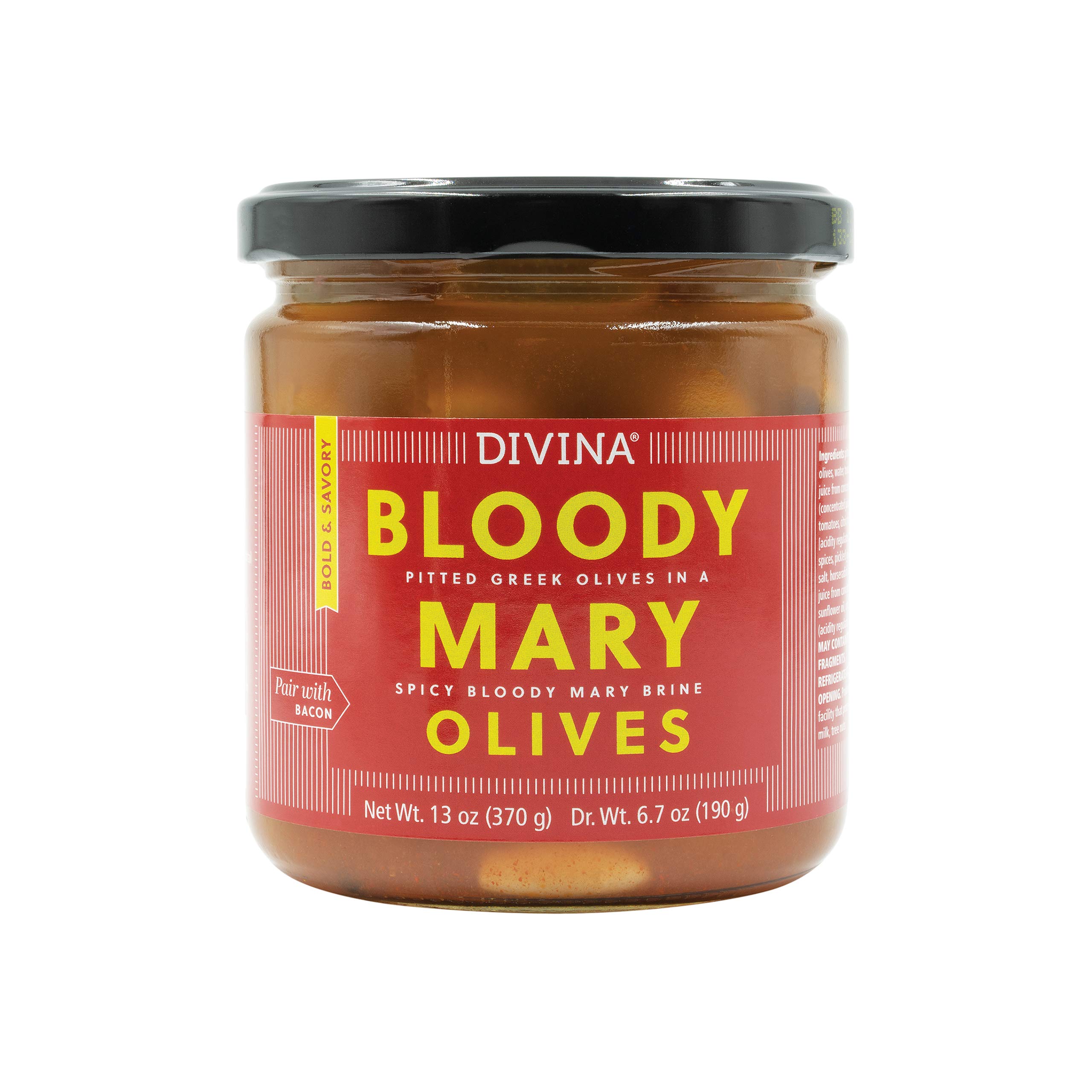 DIVINA Pitted Greek Olives for Bloody Mary Cocktails, 13 oz – Perfect for Cocktail Garnishes, Charcuterie Boards & Mediterranean Recipes