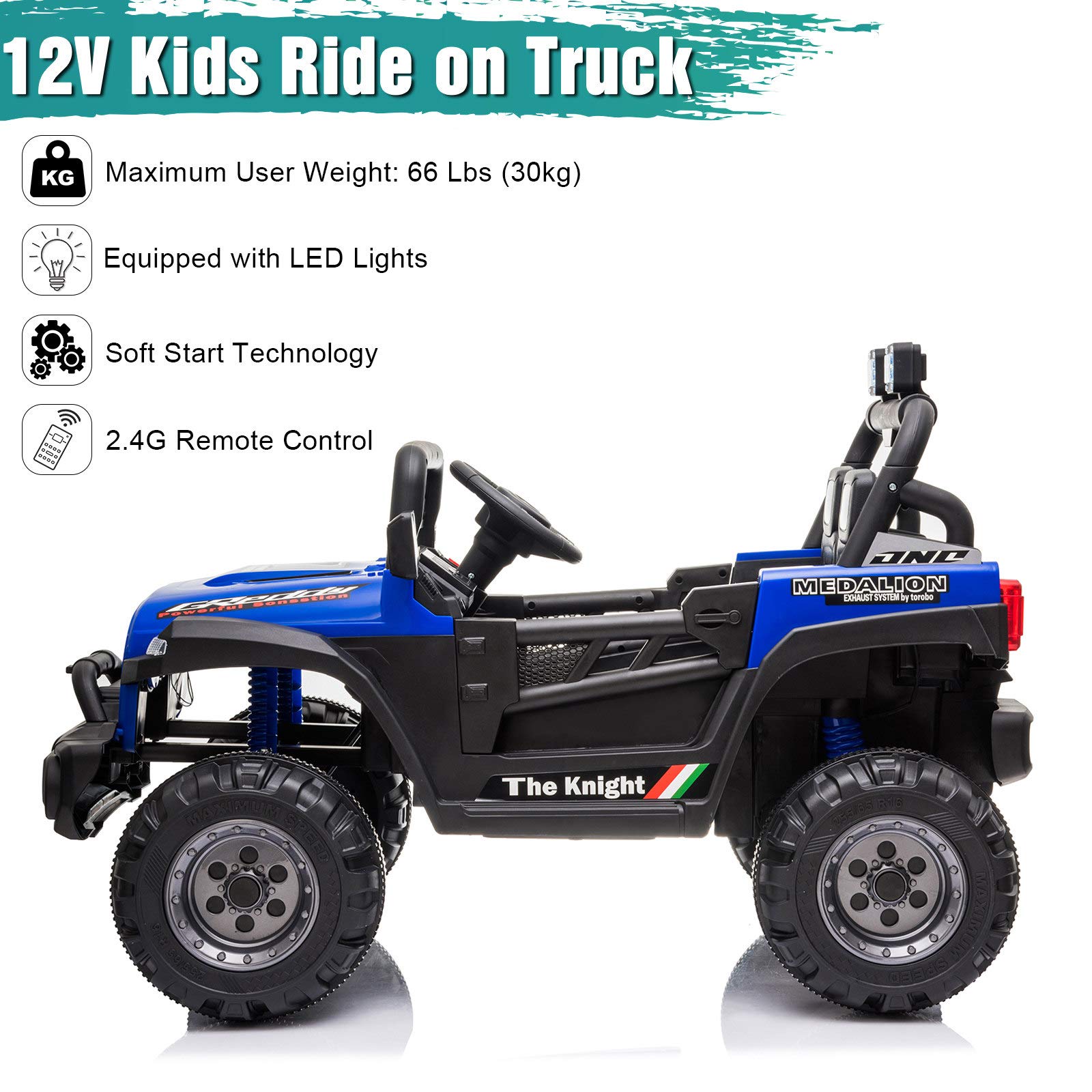 12V Kids Electric Ride On Car - Remote Control Rechargeable Toy Truck with LED Lights & AUX, Double Drive Motorized Vehicle for Boys & Girls - Perfect for Indoor & Outdoor Play (Blue)