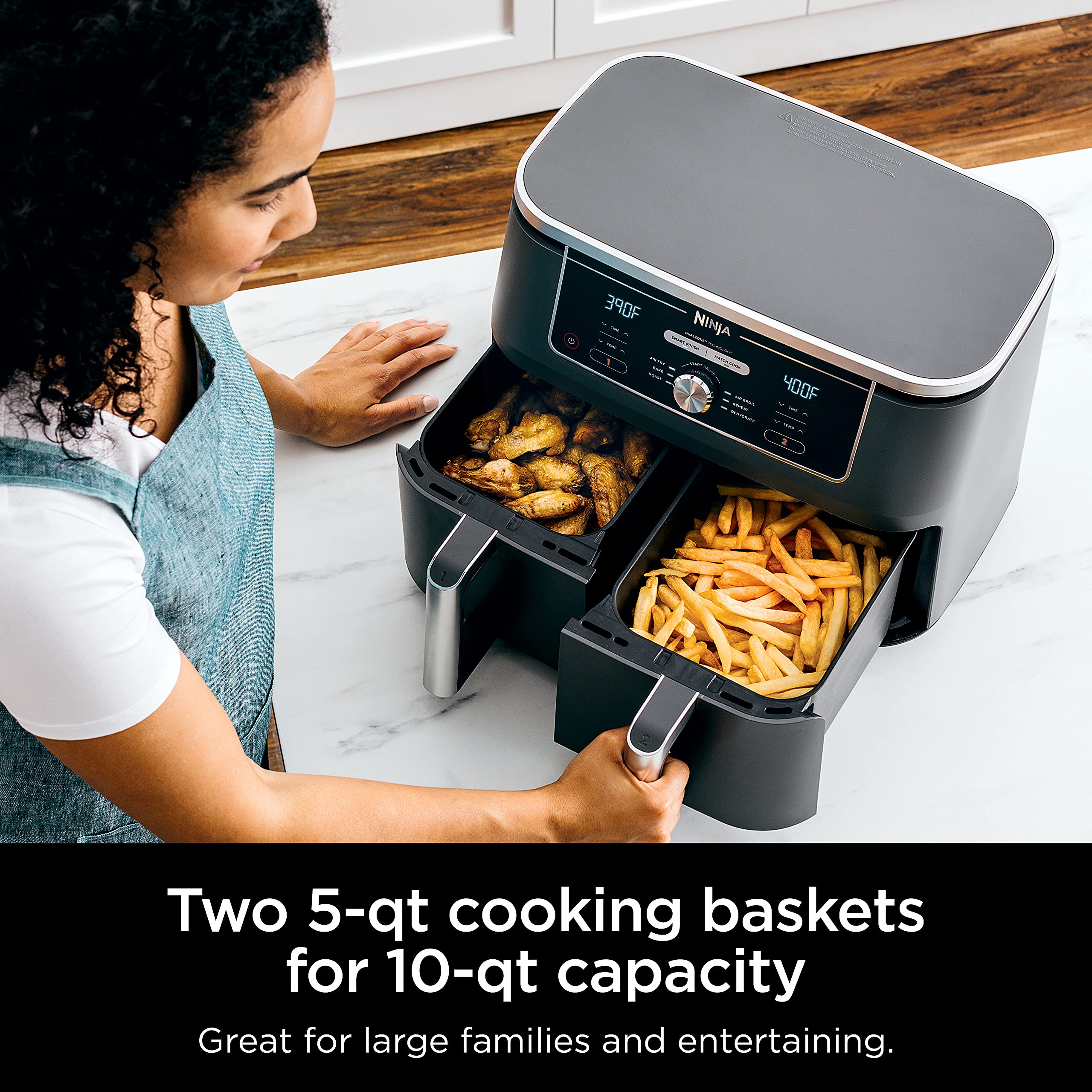 Ninja DZ401 Foodi 10 Quart 6-in-1 DualZone XL 2-Basket Air Fryer with Independent Frying Baskets - Roast, Broil, Dehydrate - Smart Finish & Match Cook Technology - Large Capacity for Family Meals - Grey - Perfect for Quick Cooking, Healthy Meals & Party Snacks