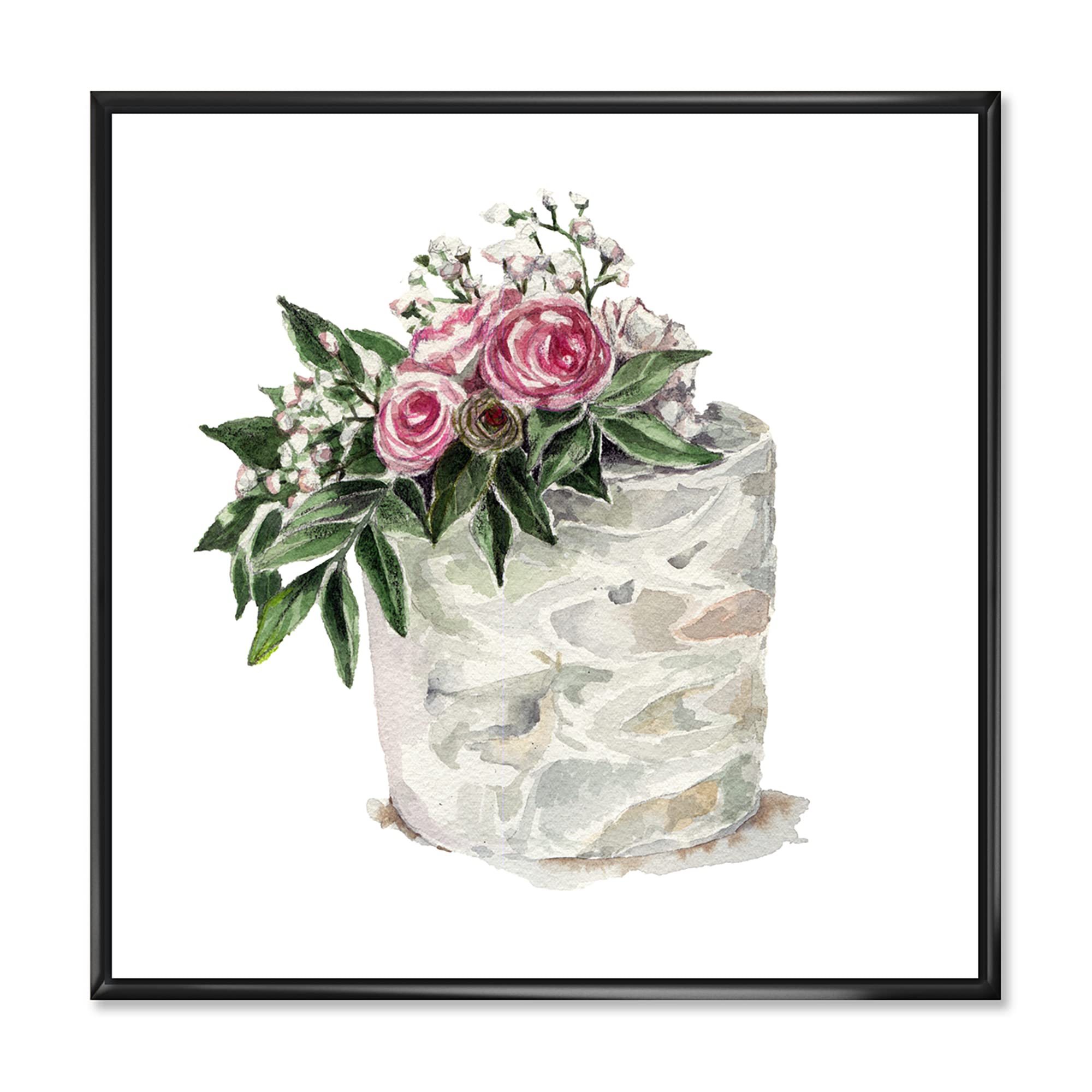 DesignQ Pink Roses and White Flowers on Cake - Traditional Framed Canvas Wall Art Print for Home Decor, Living Room, Bedroom & Office