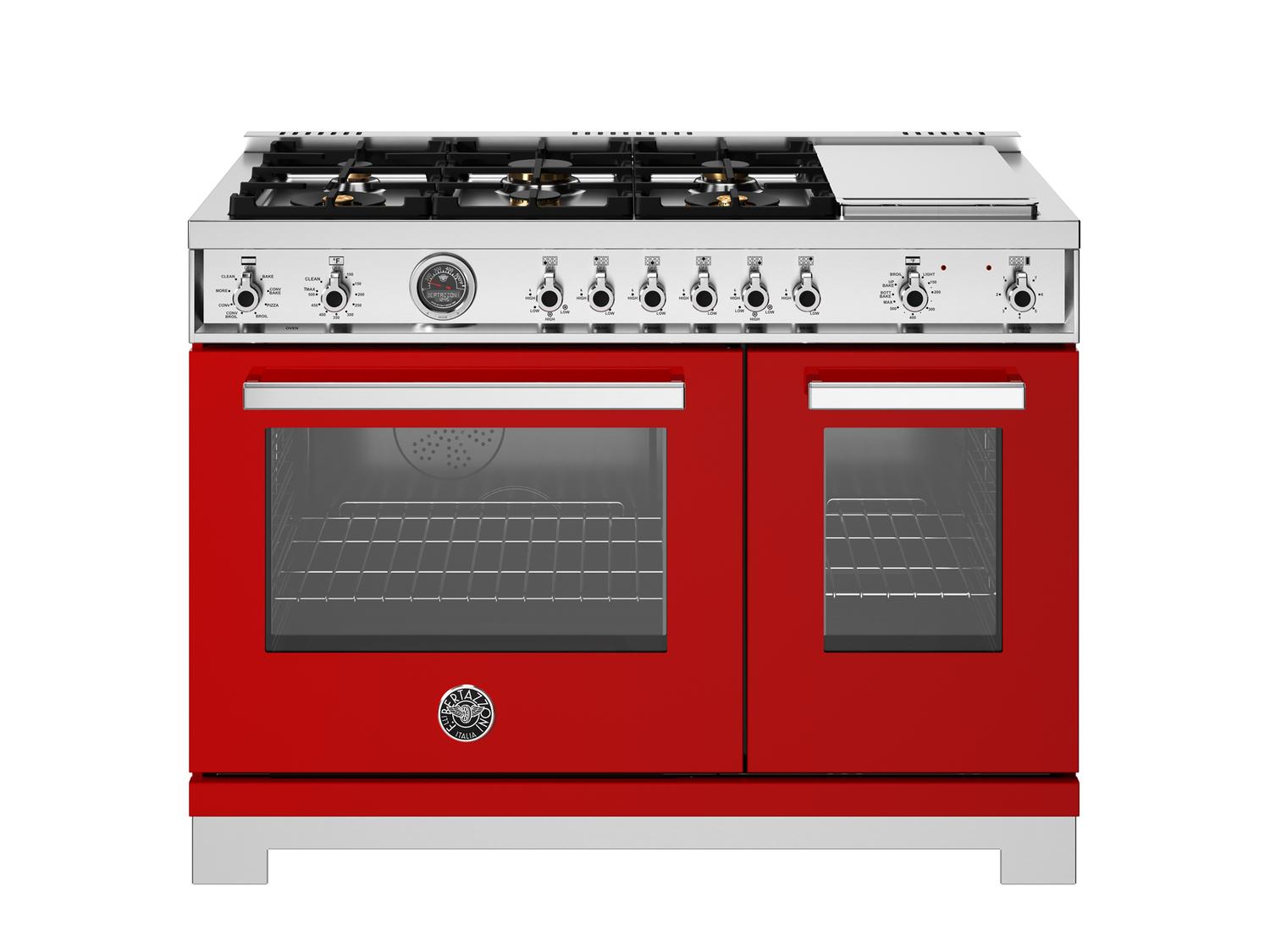 Bertazzoni PRO486BTFEPROT 48 Inch Dual Fuel Range with 6 Brass Burners & Griddle - Electric Self-Cleaning Oven in Rosso Red - Perfect for Professional Kitchens & Luxury Home Cooking