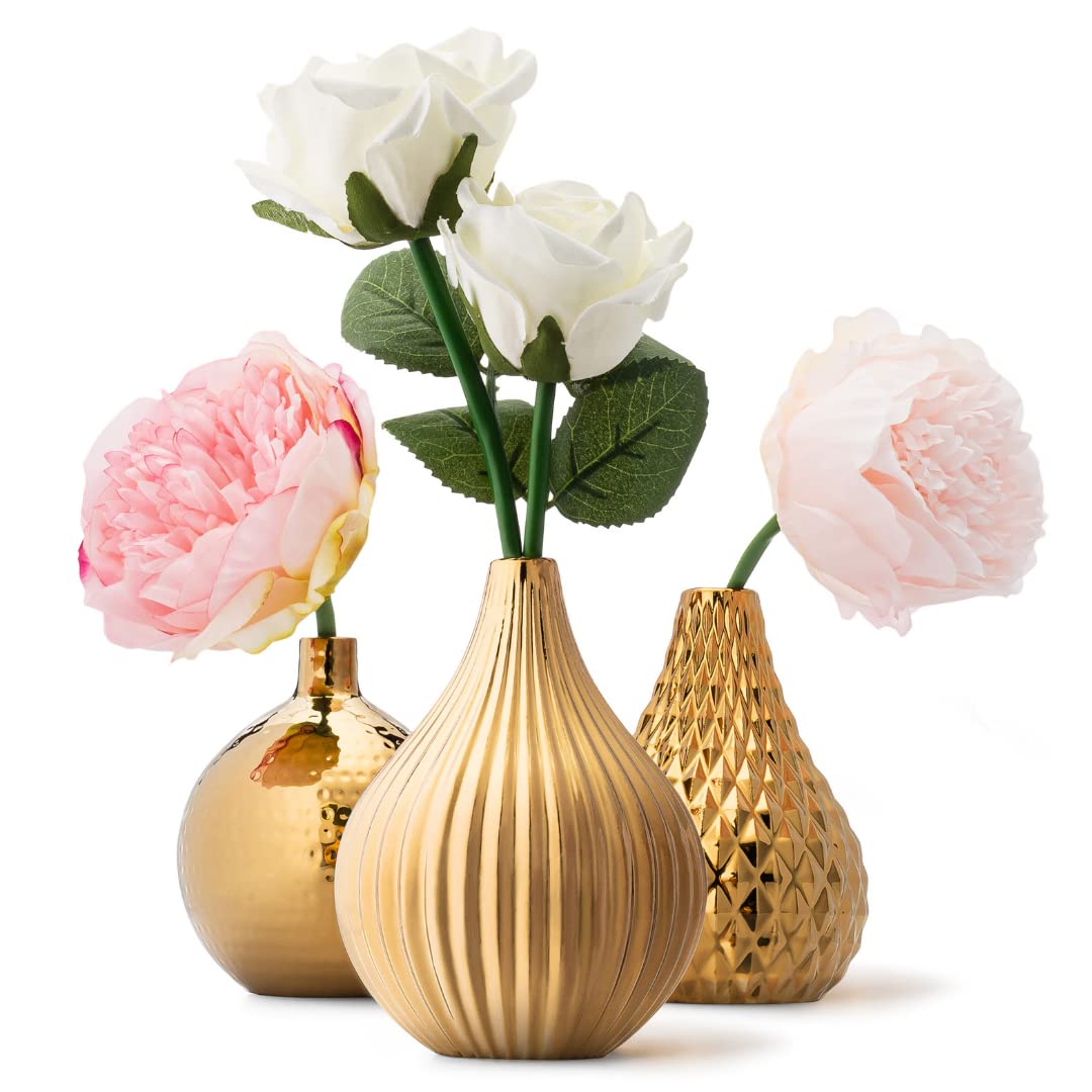 Zensational Ceramic Gold Vase Set of 3 - Diamond, Spot, Stripe Design - Small Decorative Flower Vases - Textured Round Mini Vases - Elegant Gold Centerpiece - Wedding Bud Vases - Perfect for Home Decor, Table Centerpieces & Special Events