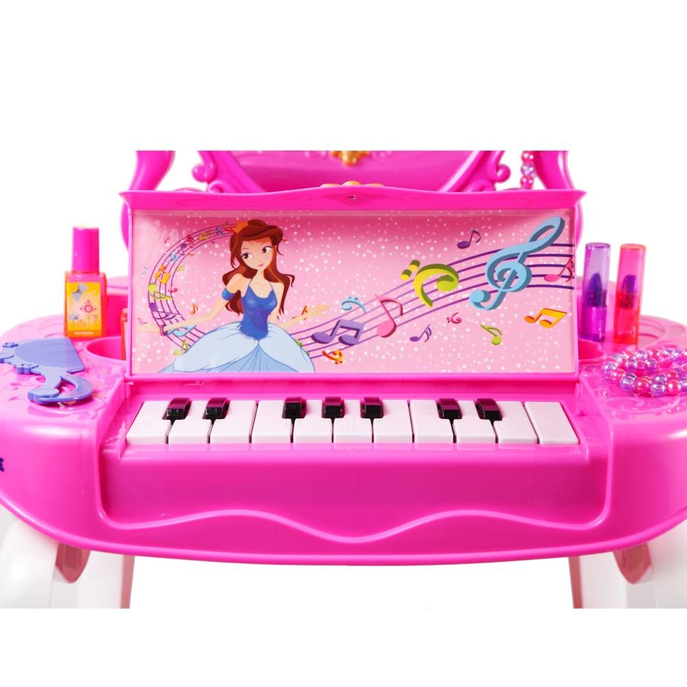 Dimple 2-in-1 Musical Piano & Vanity Set for Girls - Interactive Pretend Play Makeup Toy with Working Piano, Flashing Lights, Large Mirror & Hair Dryer - Includes Pretend Cosmetics & Princess Mirror Image (7 AA Batteries Included) - Perfect for Birthday Gifts, Role Play & Creative Fun