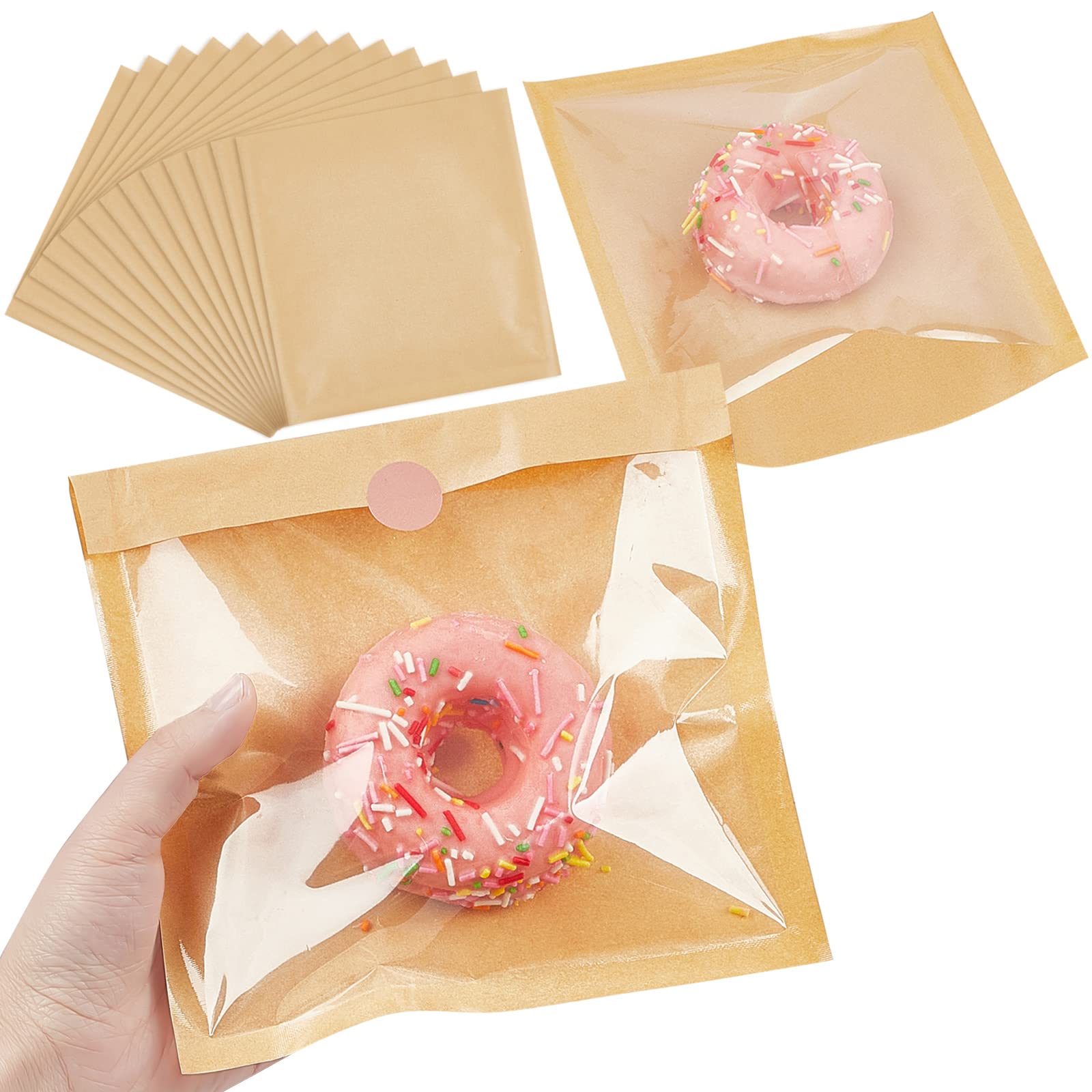 Ocmoiy 200 Count Heat-Sealable Bakery Bags with Clear Window - 7.1x7.5 Inch Grease-Resistant Paper Treat Bags for Cookies, Donuts & Egg Sandwiches | Perfect for Bakery Packaging, Takeout & Food Storage