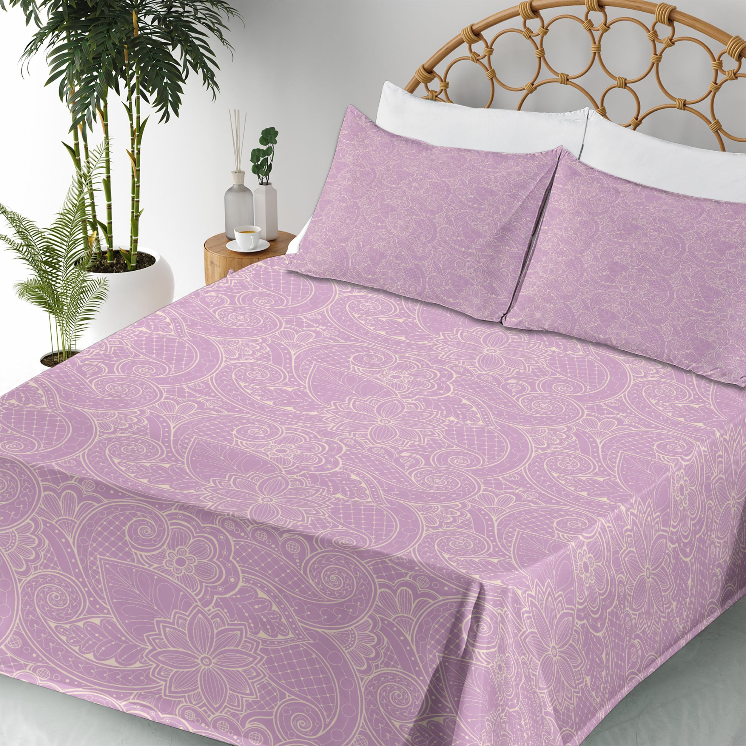 Ambesonne 4-Piece King Sheet Set - Monochrome Foliage Design with Paisley & Floral Patterns, Lavender Beige Bedding | Soft & Breathable for All Seasons | Perfect for Master Bedroom, Guest Room & Vacation Homes