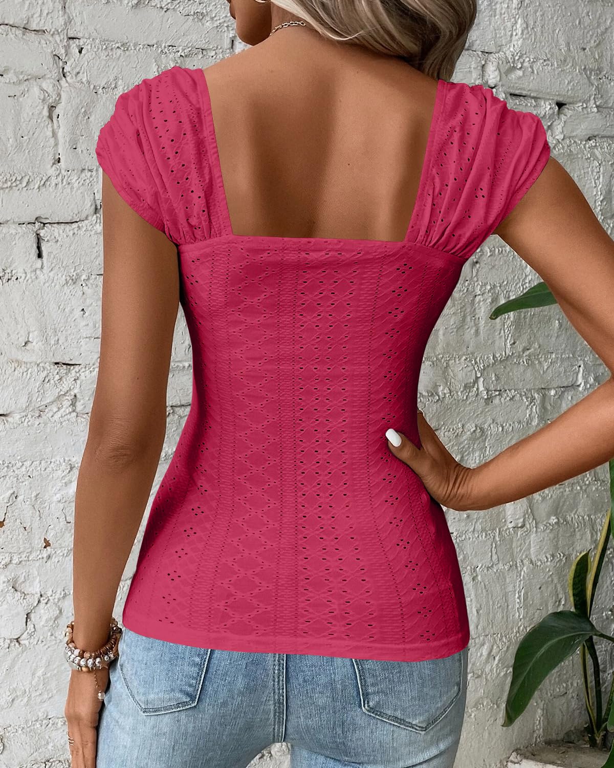 FSHAOES Women's Square Neck Tank Tops - Cute Eyelet Cap Sleeve Backless Tee Shirt | Slim Fit Summer Blouse for Casual Outings, Beach Wear & Night Out