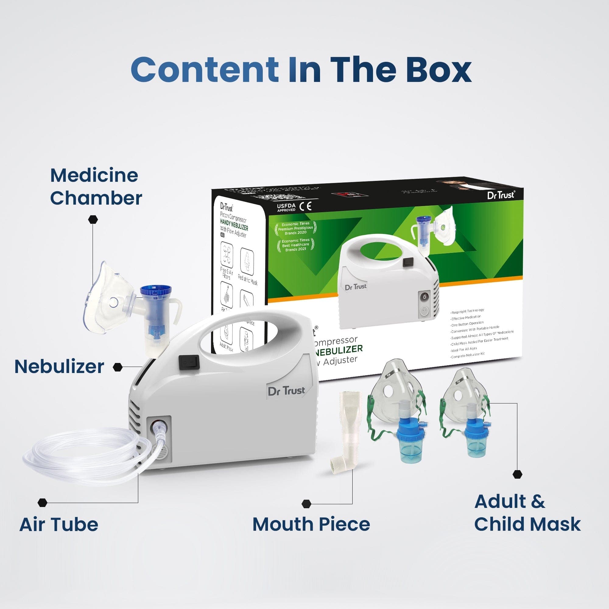 Dr Trust USA Portable Piston Compressor Nebulizer Machine - Handheld Asthma & Allergy Relief for Kids & Adults - Perfect for Home, Travel & Emergency Use