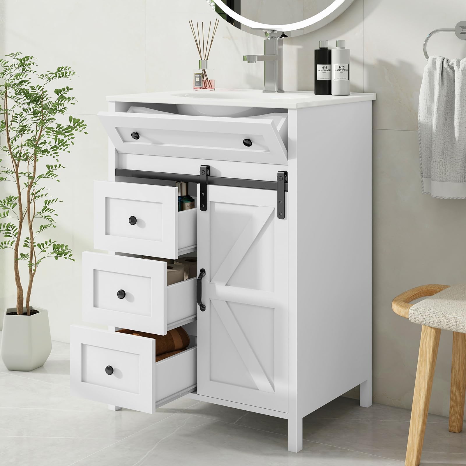 Vabches Freestanding Bathroom Vanity Set with Sink, Matte Silver Faucet, Drawers & Sliding Door - White Bathroom Storage Cabinet for Small Spaces, Modern Powder Room & Guest Bathroom Makeover