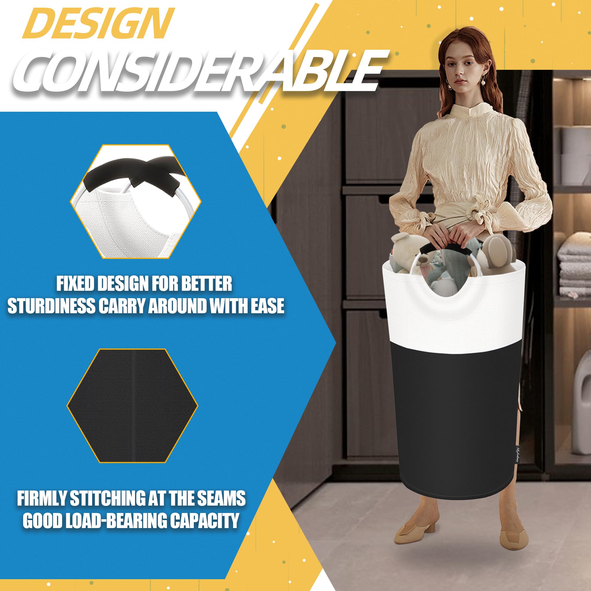 90L Collapsible Laundry Basket with Padded Handles - Waterproof Foldable Clothes Hamper for Home, Dorm & Travel - Tall Standing Laundry Organizer for Easy Storage (Black) - Perfect for Bedroom, Bathroom & Laundry Room Organization