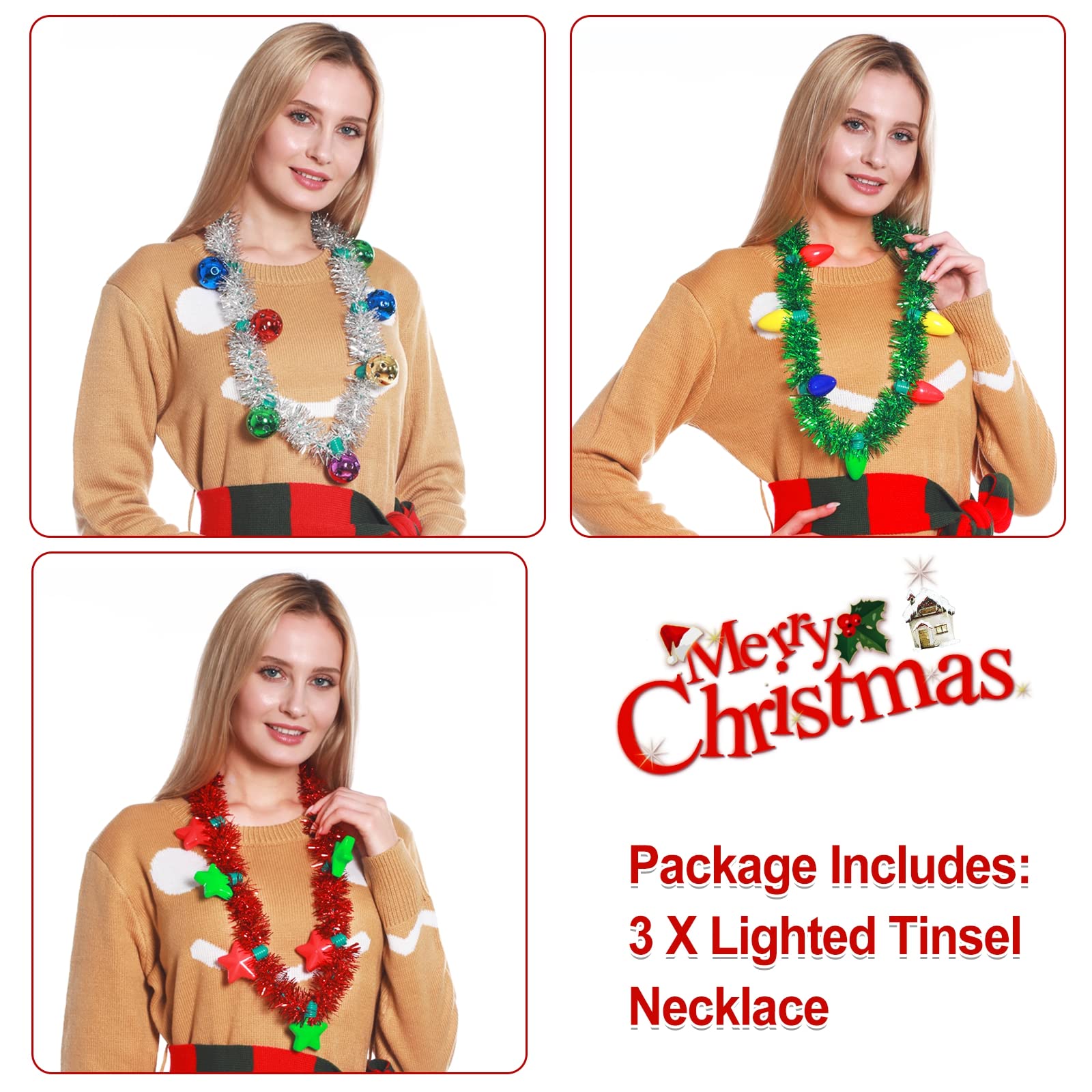 Set of 3 Christmas Necklaces - Festive Tinsel, Garland, Stars & Lights Holiday Jewelry for Women | Perfect for Christmas Parties, Gift Exchanges & Holiday Festivities