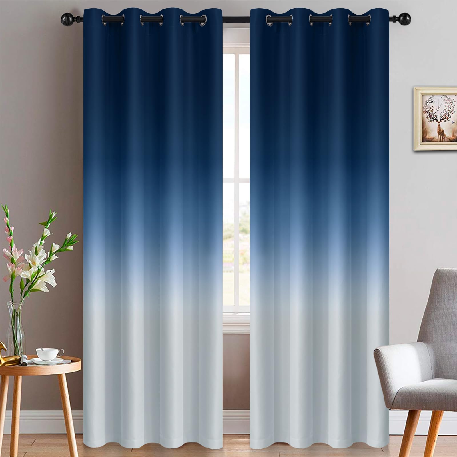Yakamok Ombre Blackout Curtains - Light Blocking Grommet Window Drapes for Bedroom, Gradient Room Darkening Curtain Panels (Blue & Greyish White, 52x96 Inches, 2 Panels) - Perfect for Nursery, Living Room & Home Theater