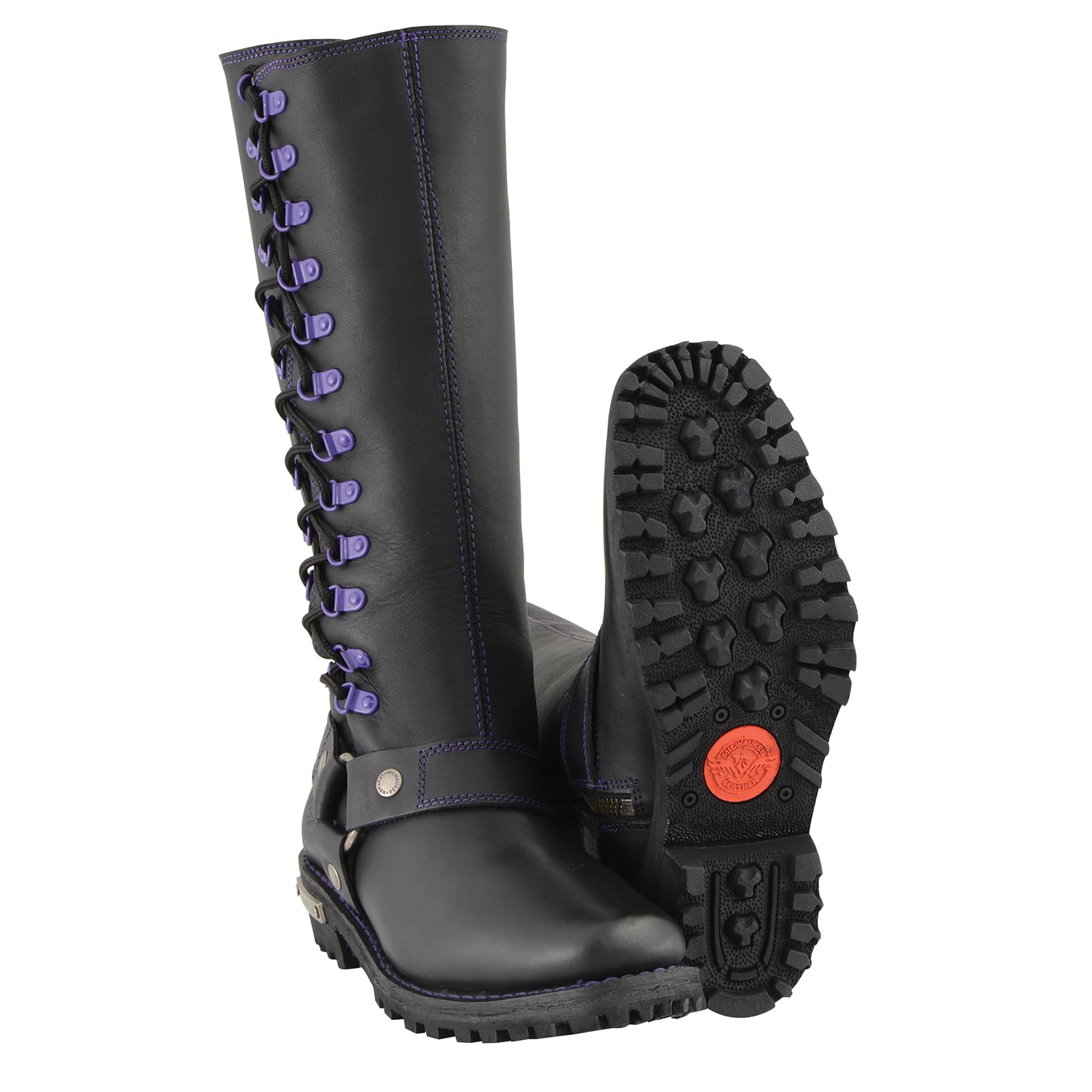 Milwaukee Leather Women's Black 14-inch Motorcycle Boots with Purple & Pink Lacing - Harness Style Biker Boots for Riding & Fashion (MBL9366-MBL9367) | Perfect for Cruiser Motorcycles & Urban Streetwear