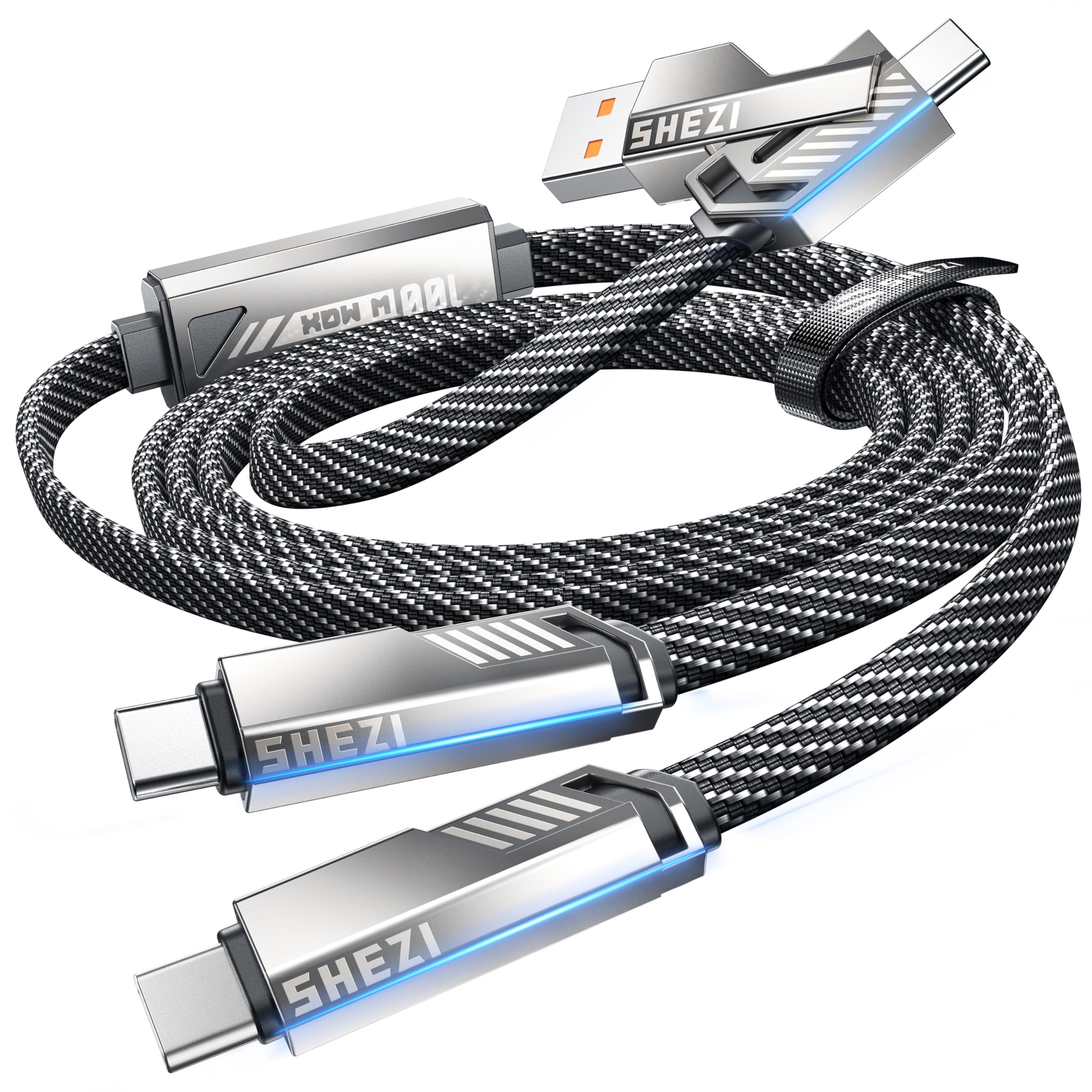 SHEZI 100W USB C Fast Charging Cable 5FT - 4-in-1 Multi Charger with USB A to Dual USB C Ports - Nylon Braided Cord Compatible with iPhone 16/15, MacBook, Samsung Galaxy - Perfect for Home, Office & Travel Charging
