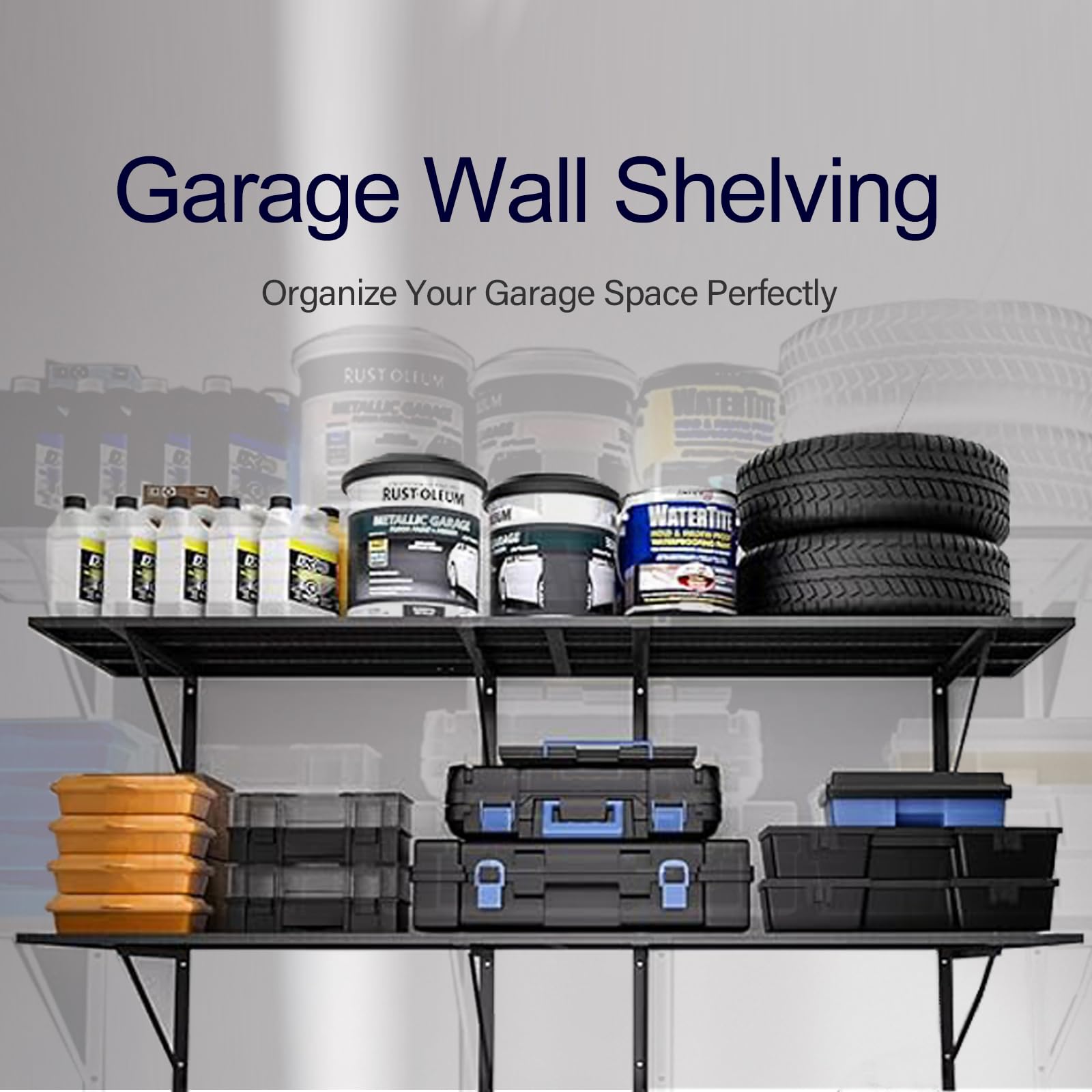 2-Pack Heavy Duty Black Metal Wall Shelves - 2x6Ft Garage Storage Shelving, Wall Mounted, 2000lbs Capacity - Strong Floating Racks for Garage, Basement, Workshop & Home Organization