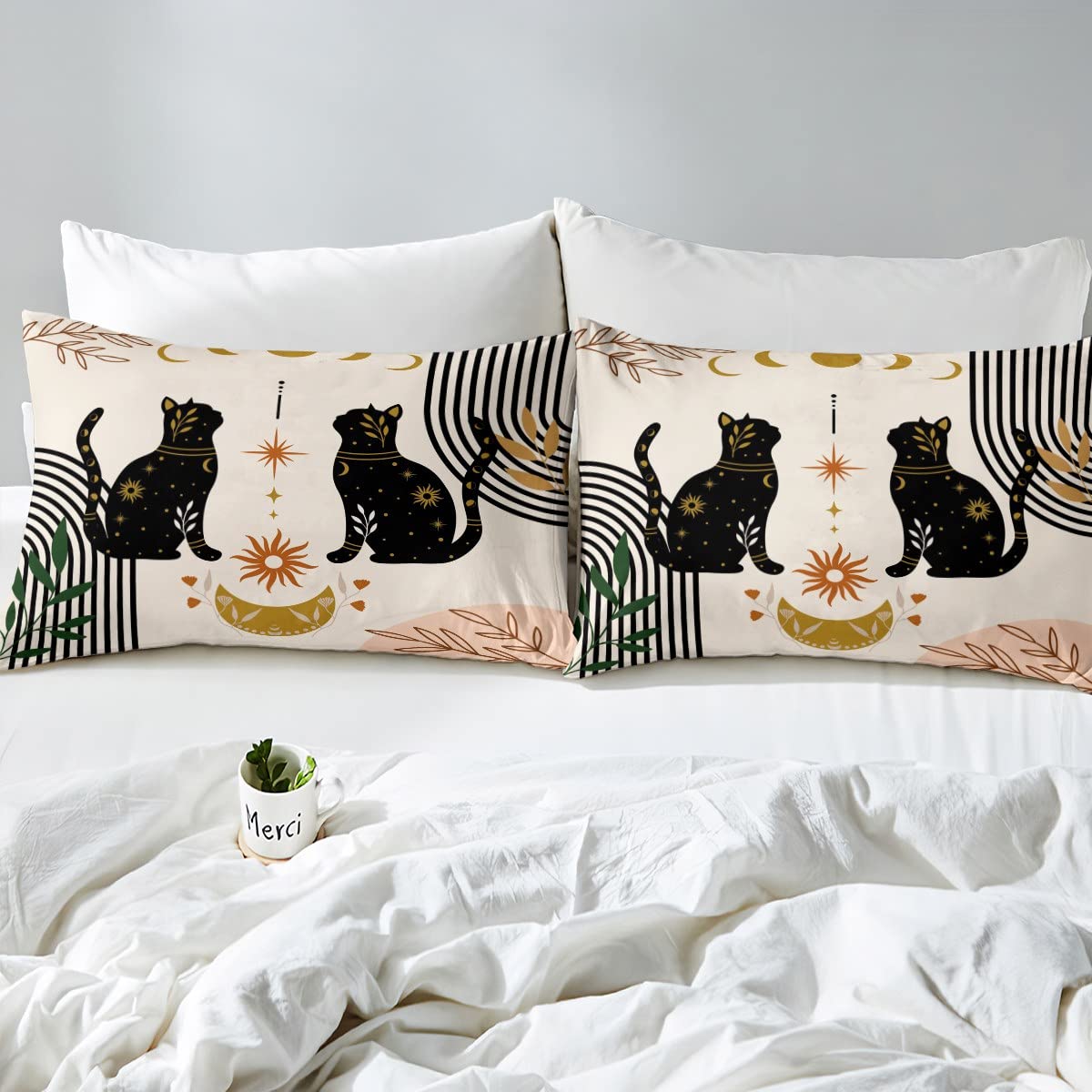 Trippy Sun Moon Floral Leaves Cat Silhouette Queen Bedding Set 4PCS - Deep Pocket Fitted Sheet, Flat Sheet & 2 Pillowcases for Kids Teens Adults - Perfect for Boho Bedroom, Dorm Room or Hippie Themed Decor
