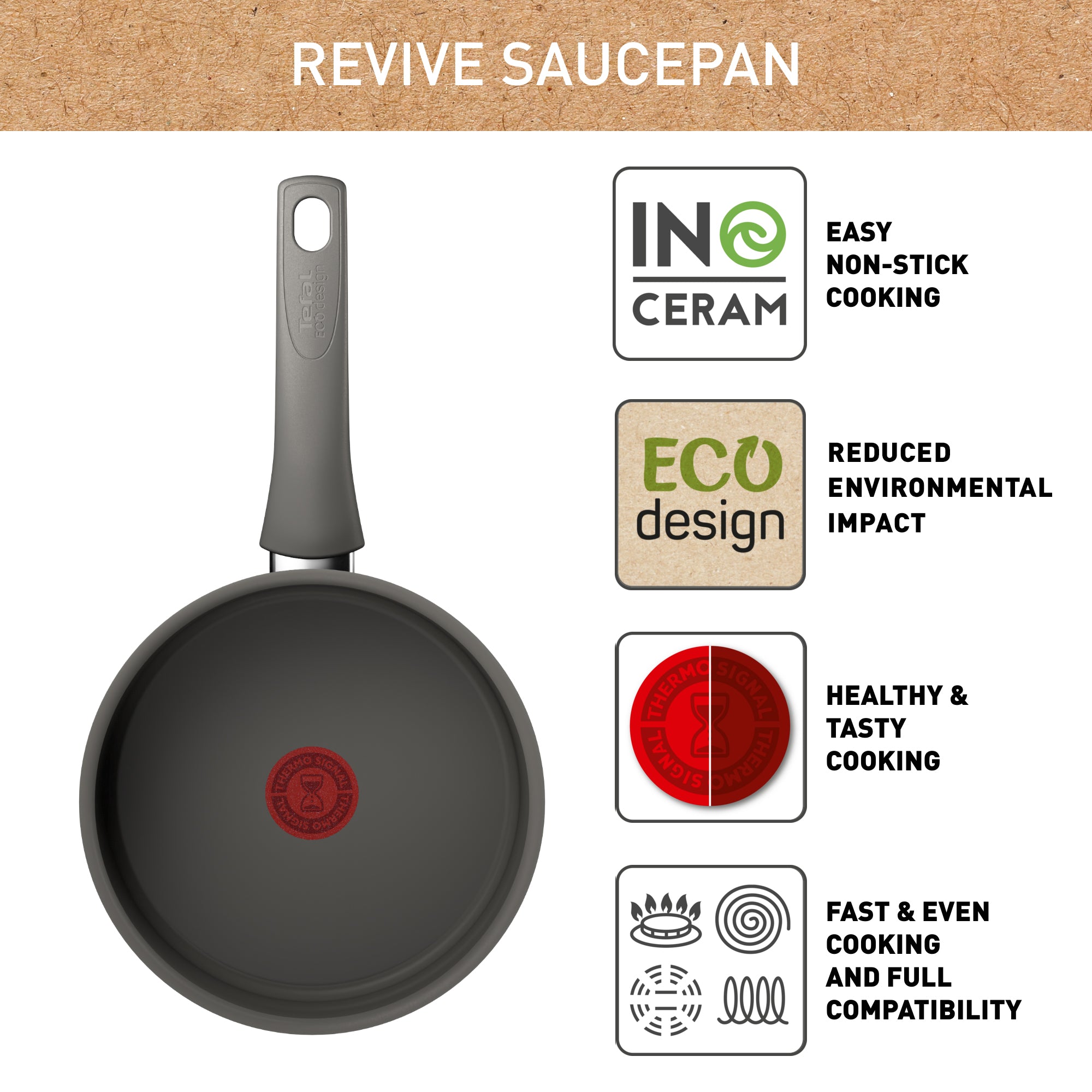 Tefal Revive Ceramic Induction Non-Stick Saucepan 18cm - 7.1 Inch Ceramic Coated Cookware for Gas, Electric & Induction Stoves - Perfect for Sauces, Stews & Everyday Cooking