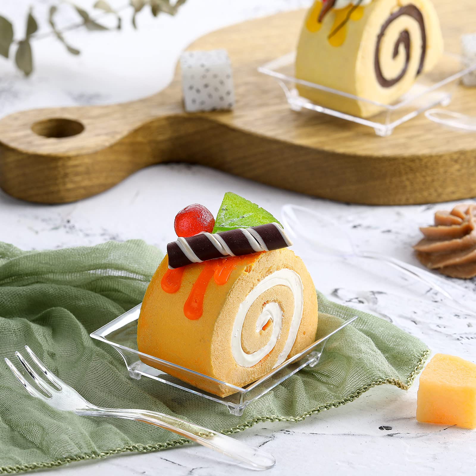 Meanplan 300 Pack Mini Appetizer Plates - Disposable Clear Plastic Dessert Plates with 150 Forks & 150 Spoons - Perfect for Wedding, Party, Baby Shower & Catering Events