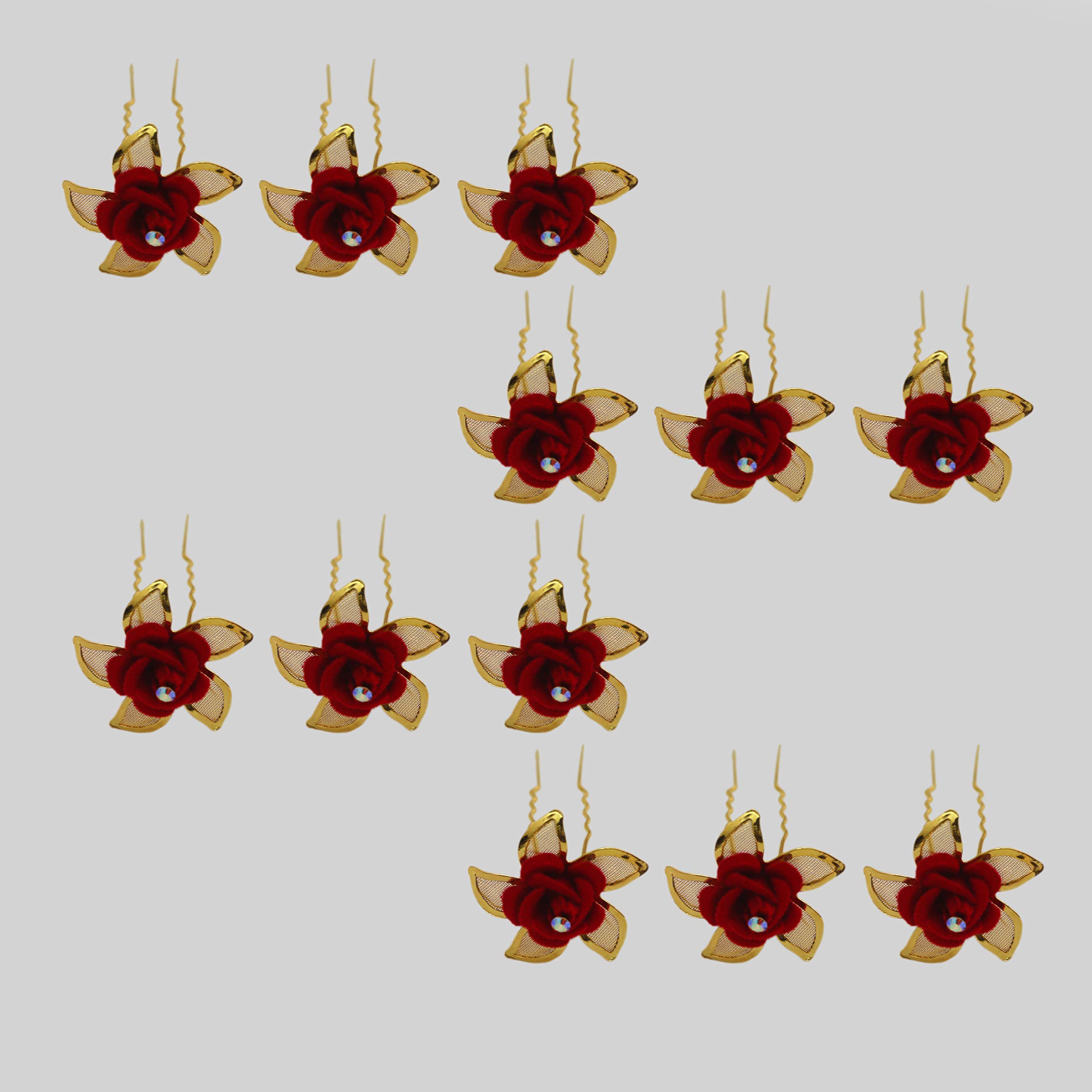 Paradise® Hair Pins for Women - Elegant Bridal Hair Accessories for Women & Girls - Large Juda Pins in Red & Gold - Perfect for Weddings, Prom & Special Occasions