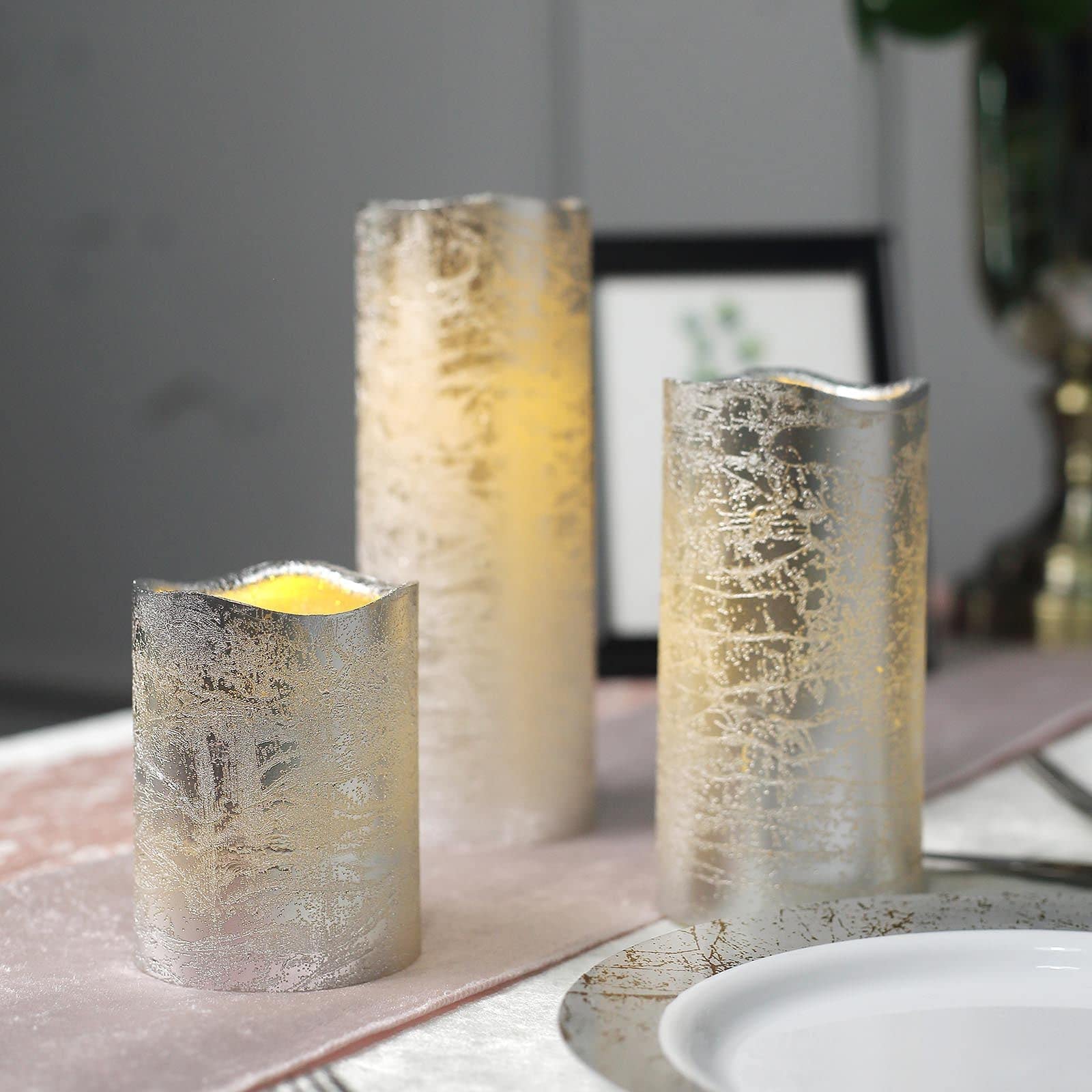 Efavormart 3-Pack Metallic Silver Flameless LED Candles with Remote & Timer - Battery Operated Pillar Lights (4