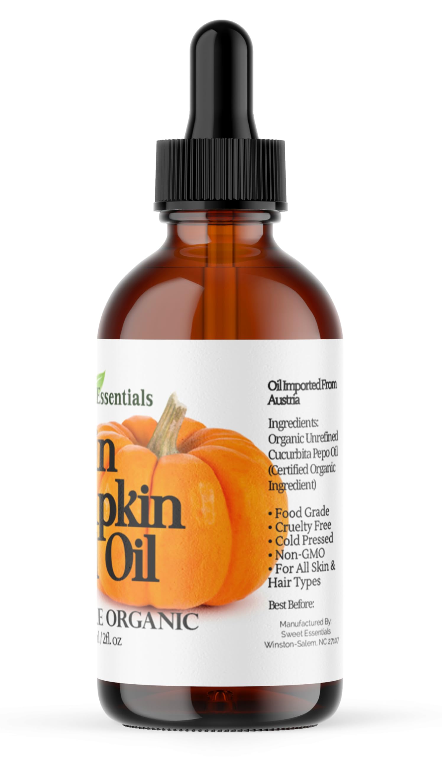 Organic Virgin Pumpkin Seed Oil - 100% Pure, Cold-Pressed & Unrefined | Natural Moisturizer for Skin, Hair & Face Care | Imported from Austria | 2 fl oz Glass Bottle | Perfect for DIY Beauty Recipes & Aromatherapy
