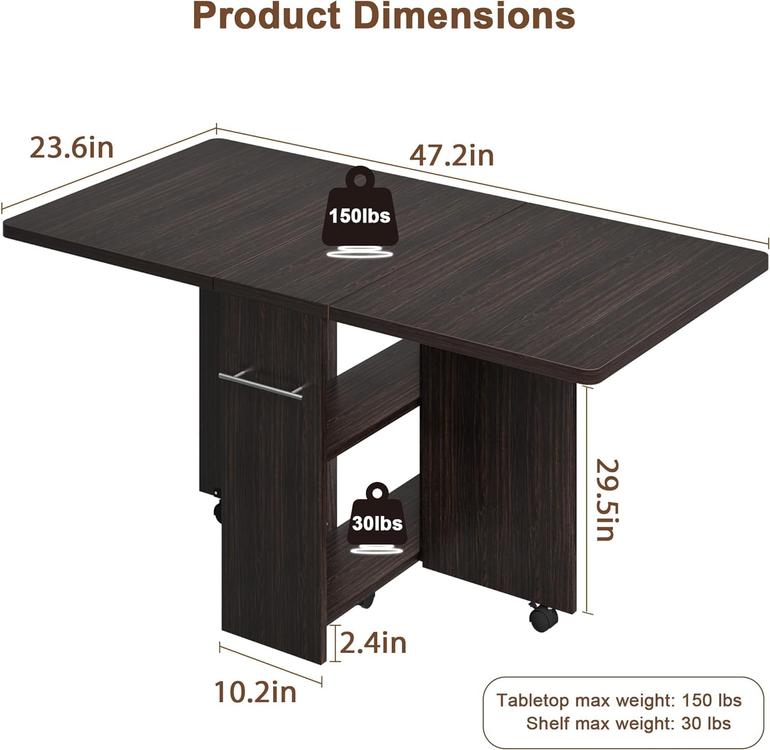 IDEALHOUSE Folding Dining Table with Drop Leaf, 6 Wheels & 2-Tier Storage Shelf - Space Saving Kitchen Table for Small Spaces, Compact Apartment & RV (Dark Walnut, 47.2