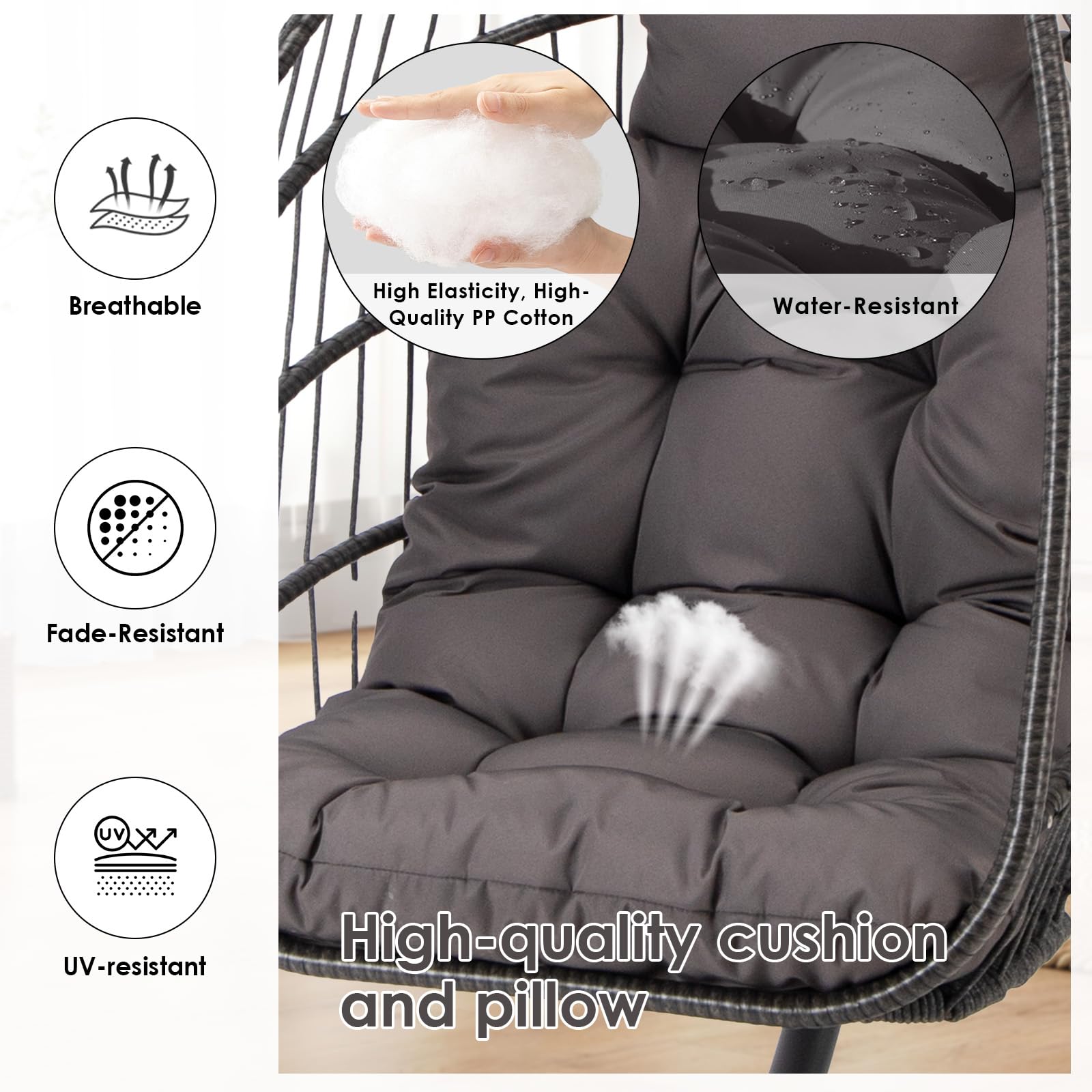 Outdoor Hanging Egg Chair with Stand - 350lbs Capacity PE Rattan Wicker Swing Chair with Water-Resistant Cushions, Foldable Basket Design for Patio, Garden, Bedroom & Indoor Use (Dark Grey) - Perfect for Relaxing, Reading & Lounging in Your Backyard or Living Space
