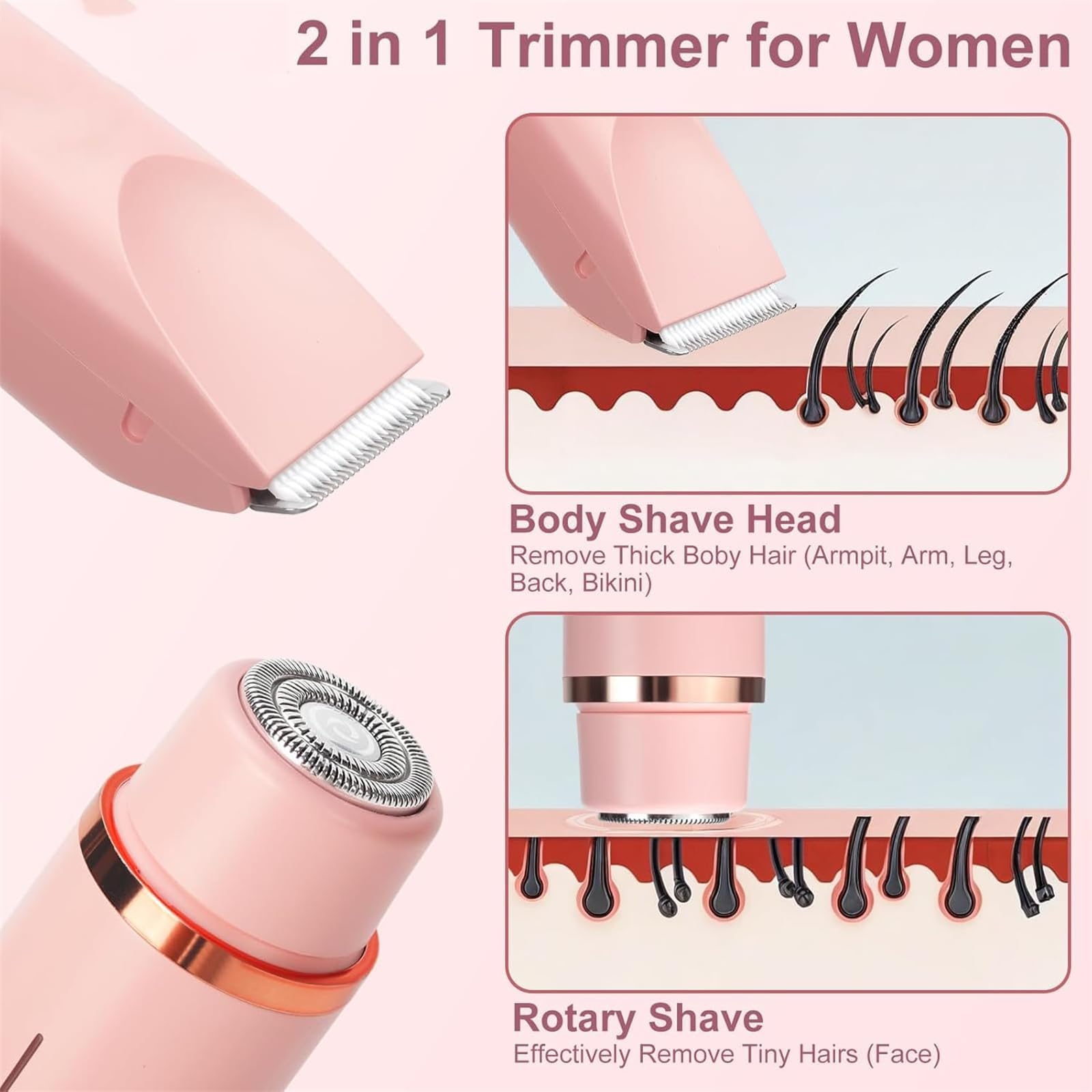 Whimsyard 2-in-1 Electric Shaver for Women - Bikini Trimmer & Body Hair Remover, Dual Head Rechargeable Lady Shaver for Smooth Skin - Perfect for Travel, Gym & Everyday Personal Grooming