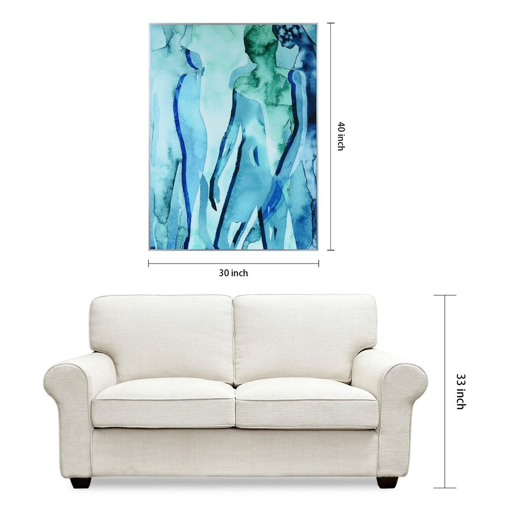Abstract Blue & Green Silhouette Wall Art - Glass Panel with Silver Anodized Aluminum Frame - Modern Home & Office Decor for Living Room, Bedroom, or Workspace