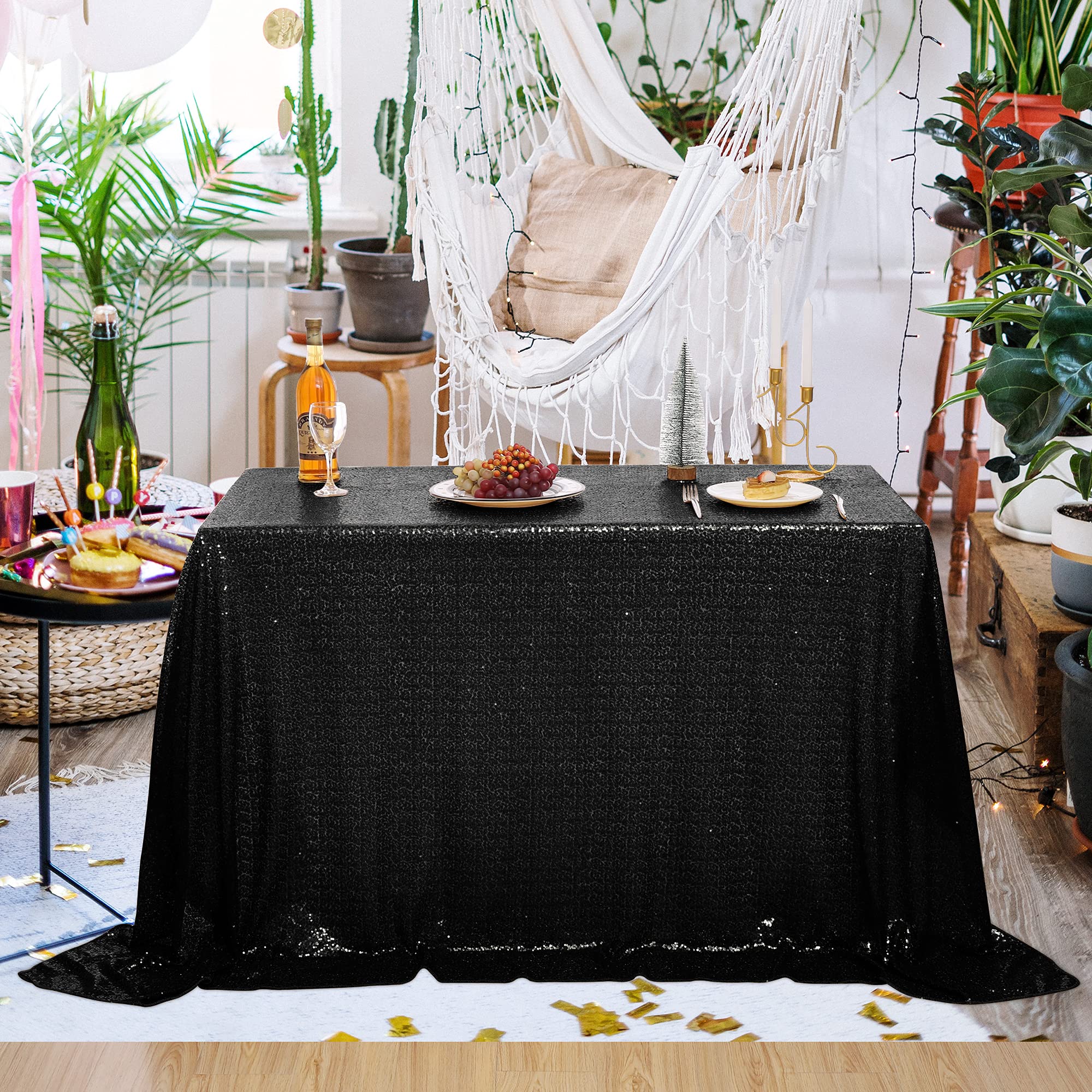 Nanbowang Black Sequin Tablecloth - Elegant Rectangular Table Cover for Parties, Birthday, Baby Shower & Tea Party Decor | Perfect for Wedding Receptions, Holiday Dinners & Special Events