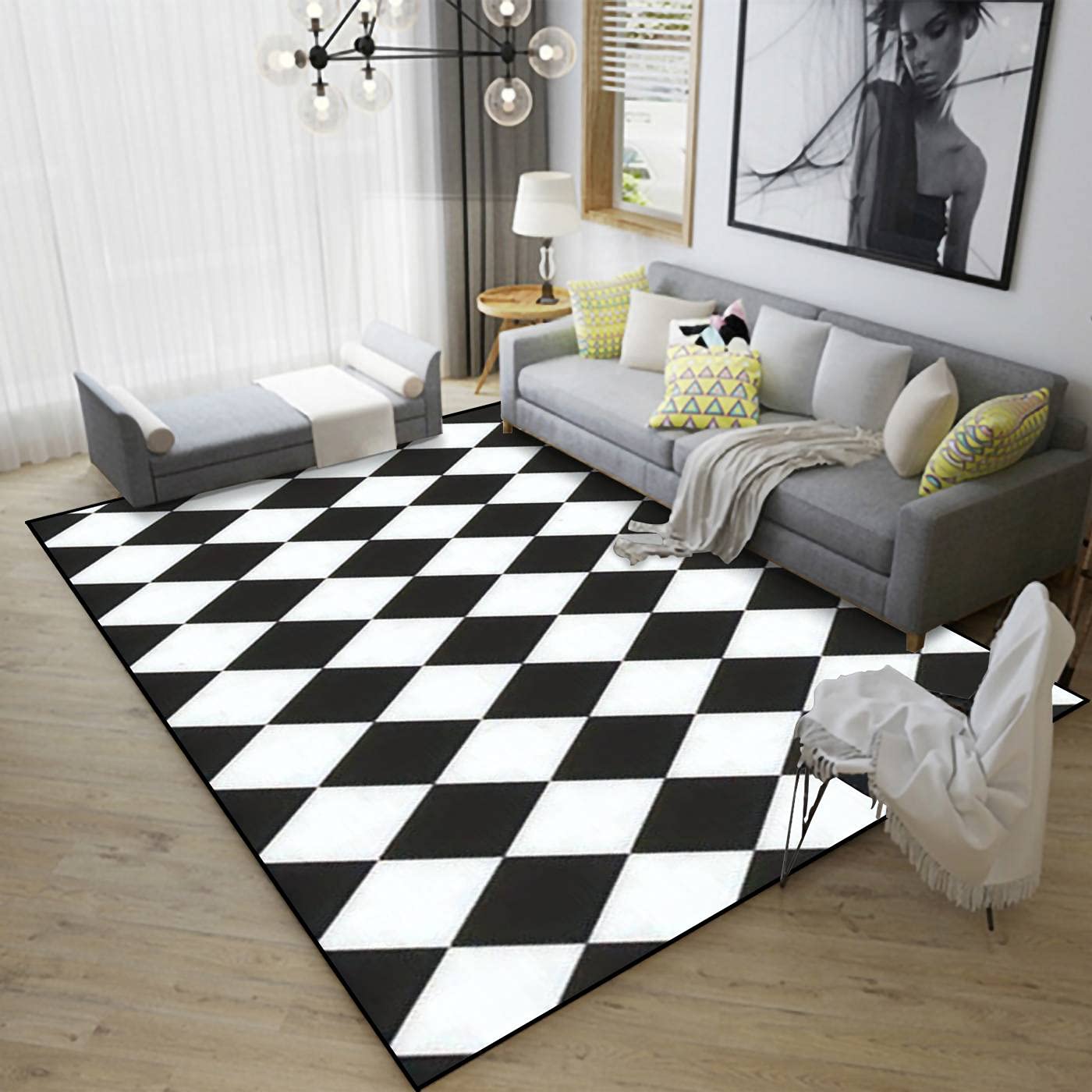 Non-Slip Area Rug - Black & White Diamond Pattern Indoor/Outdoor Carpet for Living Room, Bedroom, Kids Room | Home Decor Floor Mat, Yoga Mat & Patio Rug - Perfect for Home, Office & Gym Use