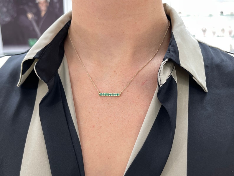 0.60tcw 14K Gold Stationary Cable Chain East to West Emerald Minimalist Necklace for Women - Elegant Everyday Jewelry, Perfect for Office, Date Night & Special Occasions