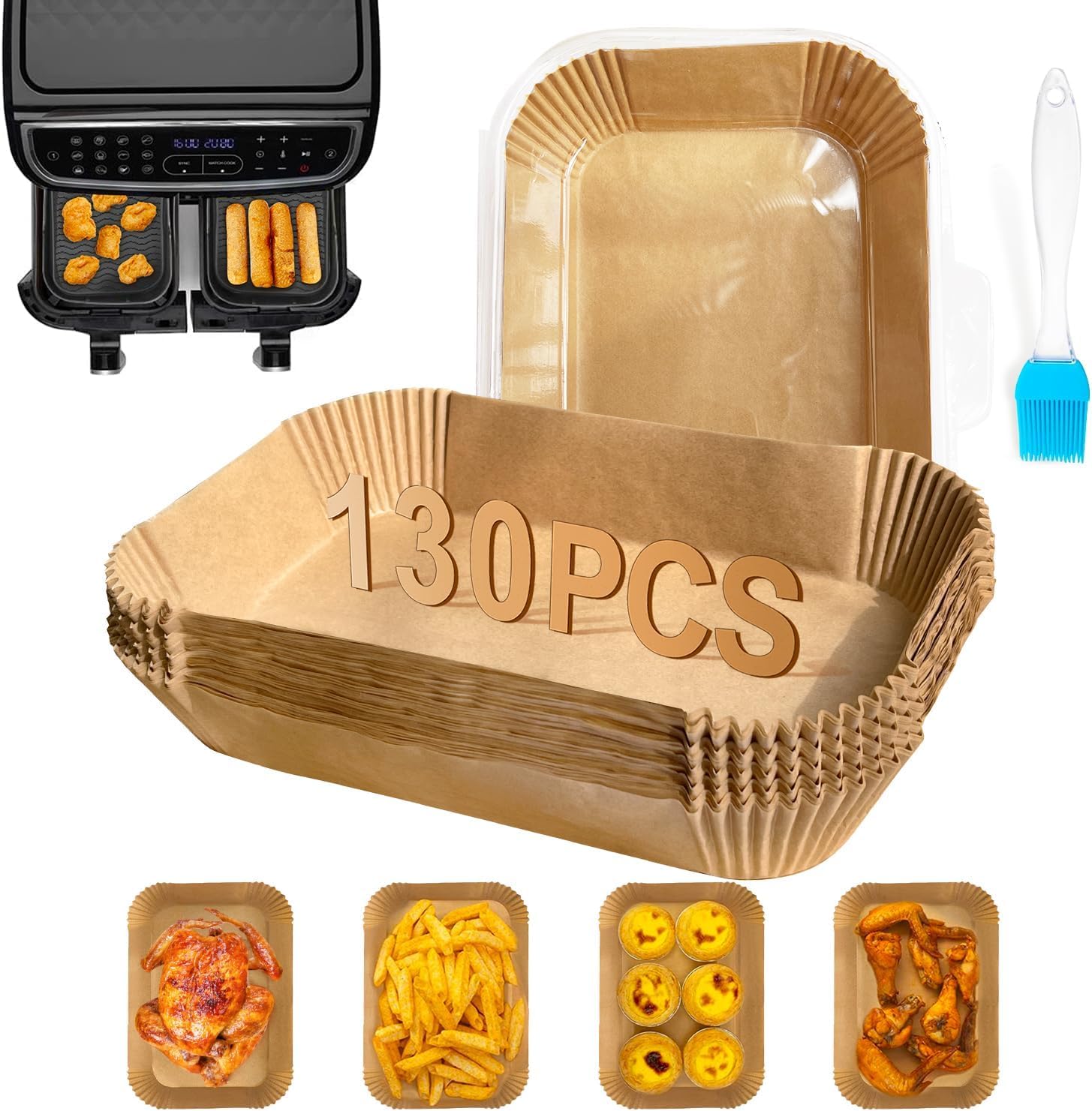 130PC Disposable Air Fryer Liners - Compatible with Ninja AF300UK, AF400UK, Salter, Tower & Dual Zone Air Fryers - Non-Stick Parchment Paper for Easy Cooking & Cleanup - Perfect for Roasting, Baking & Frying Chicken Wings, Fries & More