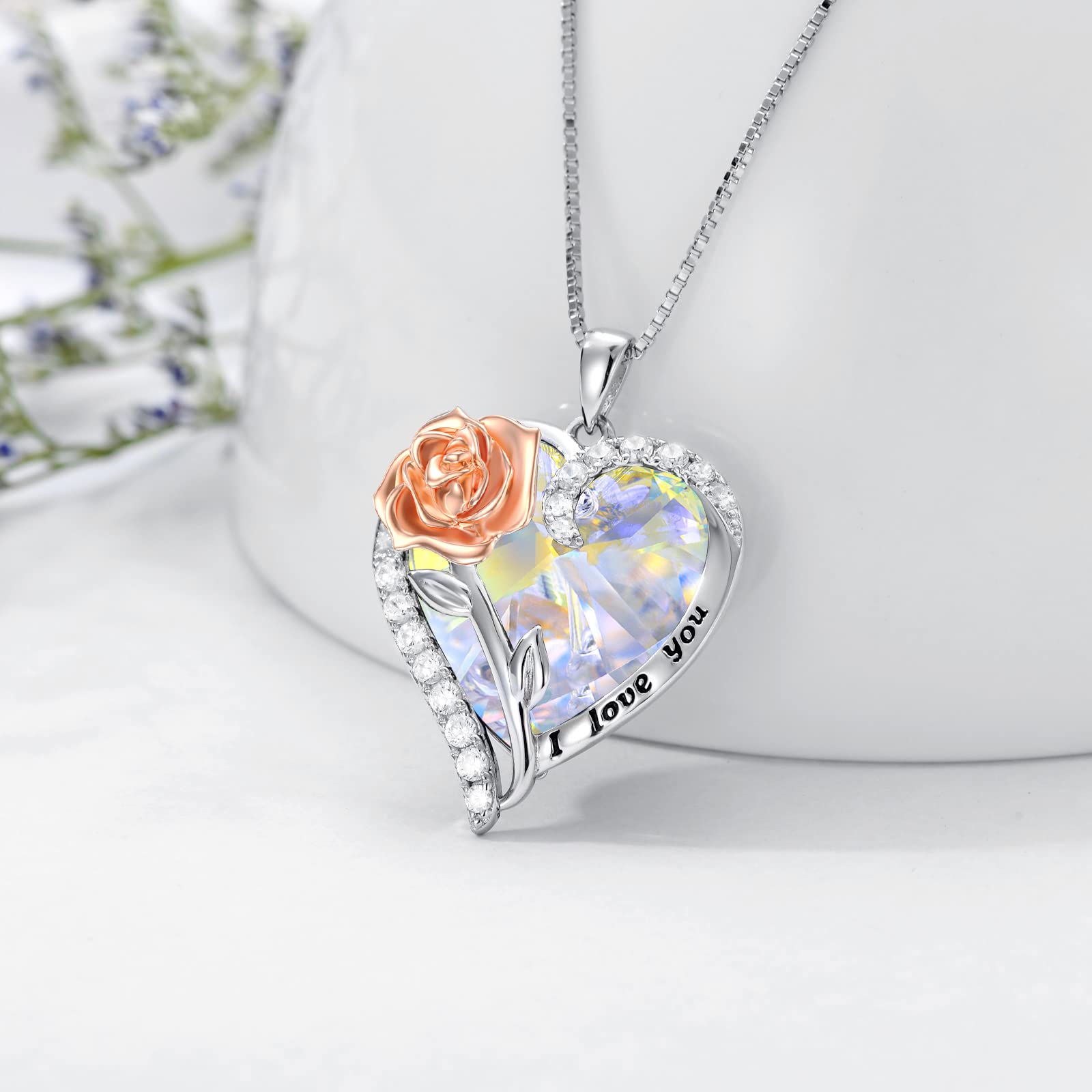 TOUPOP Sterling Silver Rose Crystal Pendant Necklace - 925 Silver Heart Birthstone Jewelry for Women, Valentine's Day Gifts for Her, Wife, Girlfriend, Mom | Perfect for Anniversary, Birthday & Romantic Occasions