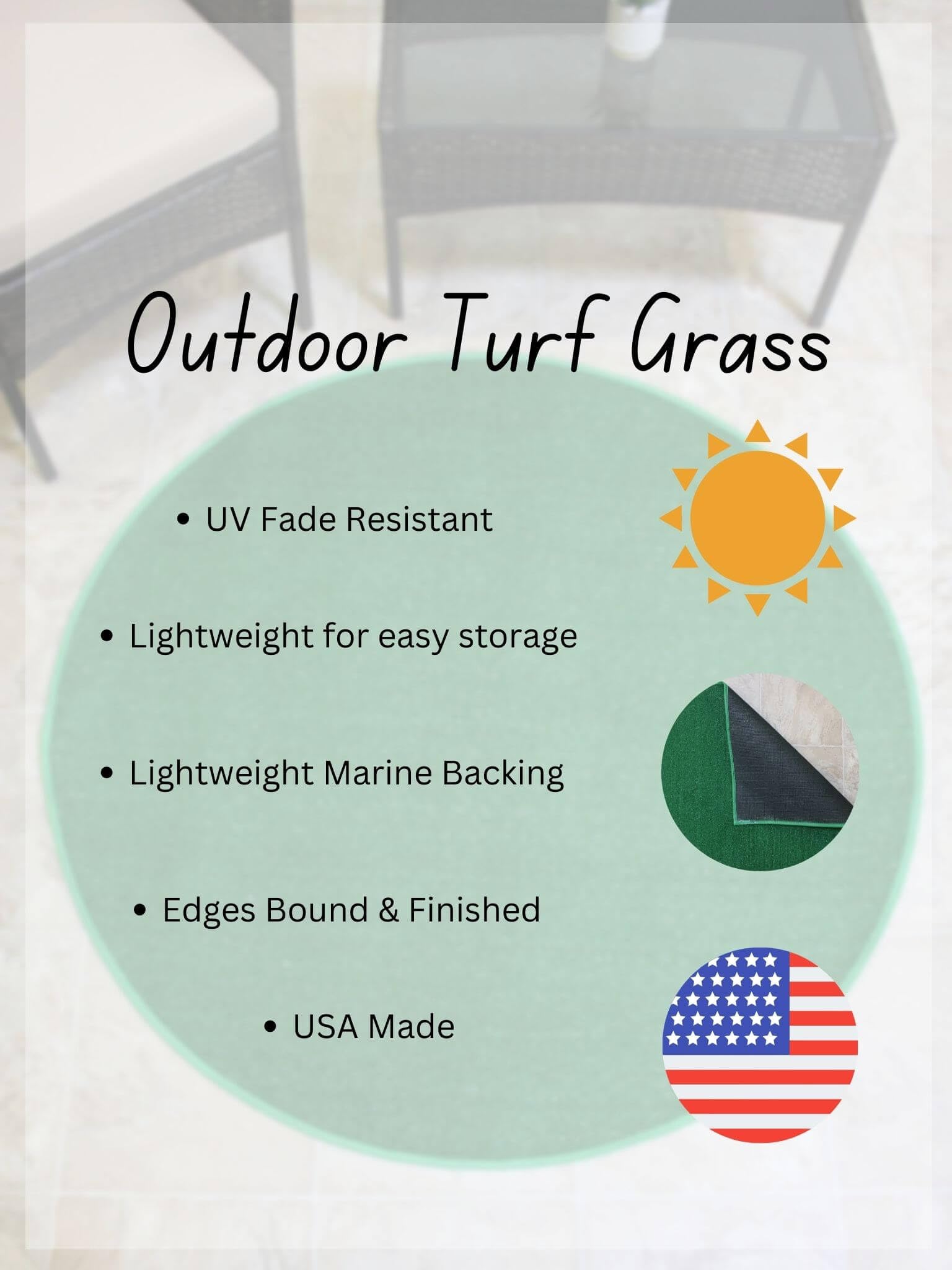KOECKRITZ Washable Artificial Grass Turf Carpet - 7' Round Green Fake Grass Rug for Outdoor Patio, Gazebo, Pool Area, Golf Backdrop, Balcony & Garage Workspace - Perfect for Home Decor, Pet Play Area & Event Photo Background