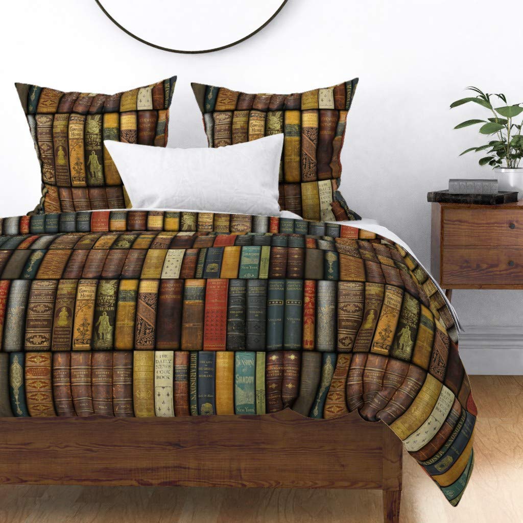 Custom Printed Spoonflower Cotton Sateen Duvet Cover - Full/Queen Size with Victorian Library Book Shelf Design for Book Lovers & Literary Enthusiasts | Perfect for Bedroom Decor, Reading Nooks & Book-Themed Rooms