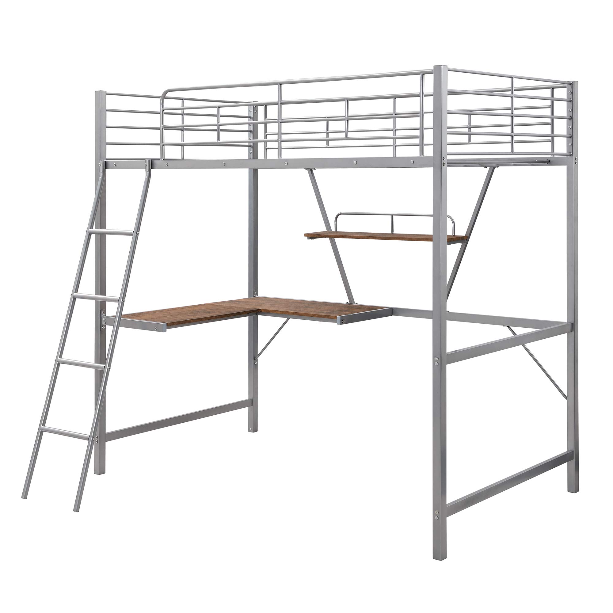 **Twin Size Metal Loft Bed with L-Shaped Desk & Shelves - Sturdy Space-Saving Loft Bed for Kids & Teens, Angled Ladder & Guard Rail, Perfect for Online Learning & Small Bedrooms (Silver)**