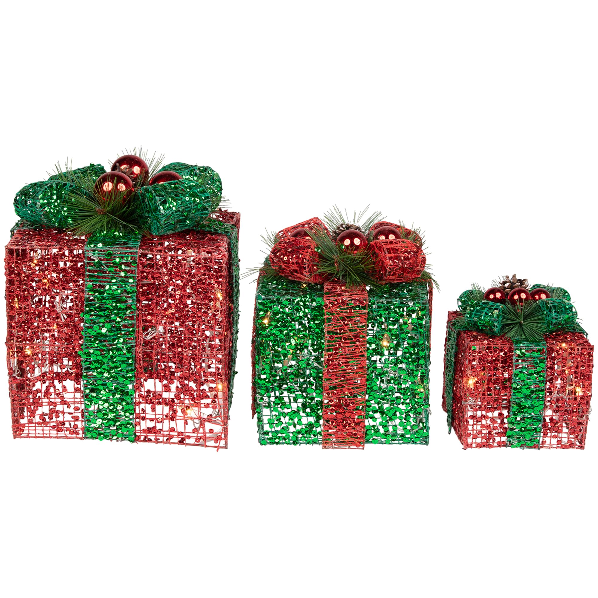 3 Pack LED Lighted Red and Green Glitter Christmas Gift Boxes - Holiday Home Decor, Outdoor Xmas Tree Ornaments, Party Favors & Festive Table Centerpieces