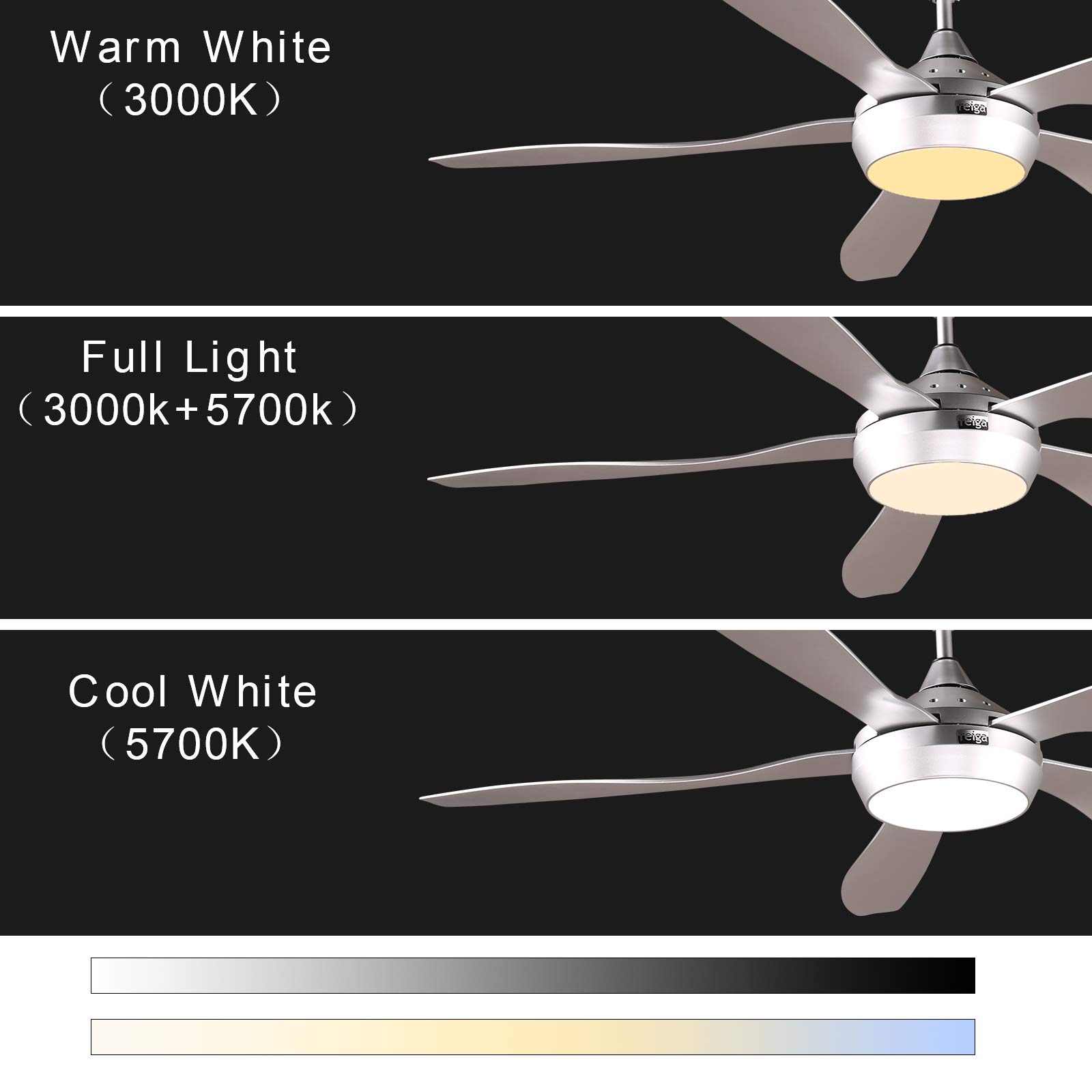 Reiga 137CM Silver DC Motor Modern Smart Ceiling Fan with Adjustable LED Light Kit, Remote & App Control, Google Alexa Compatible - Perfect for Living Room, Restaurant, Bedroom, Patio