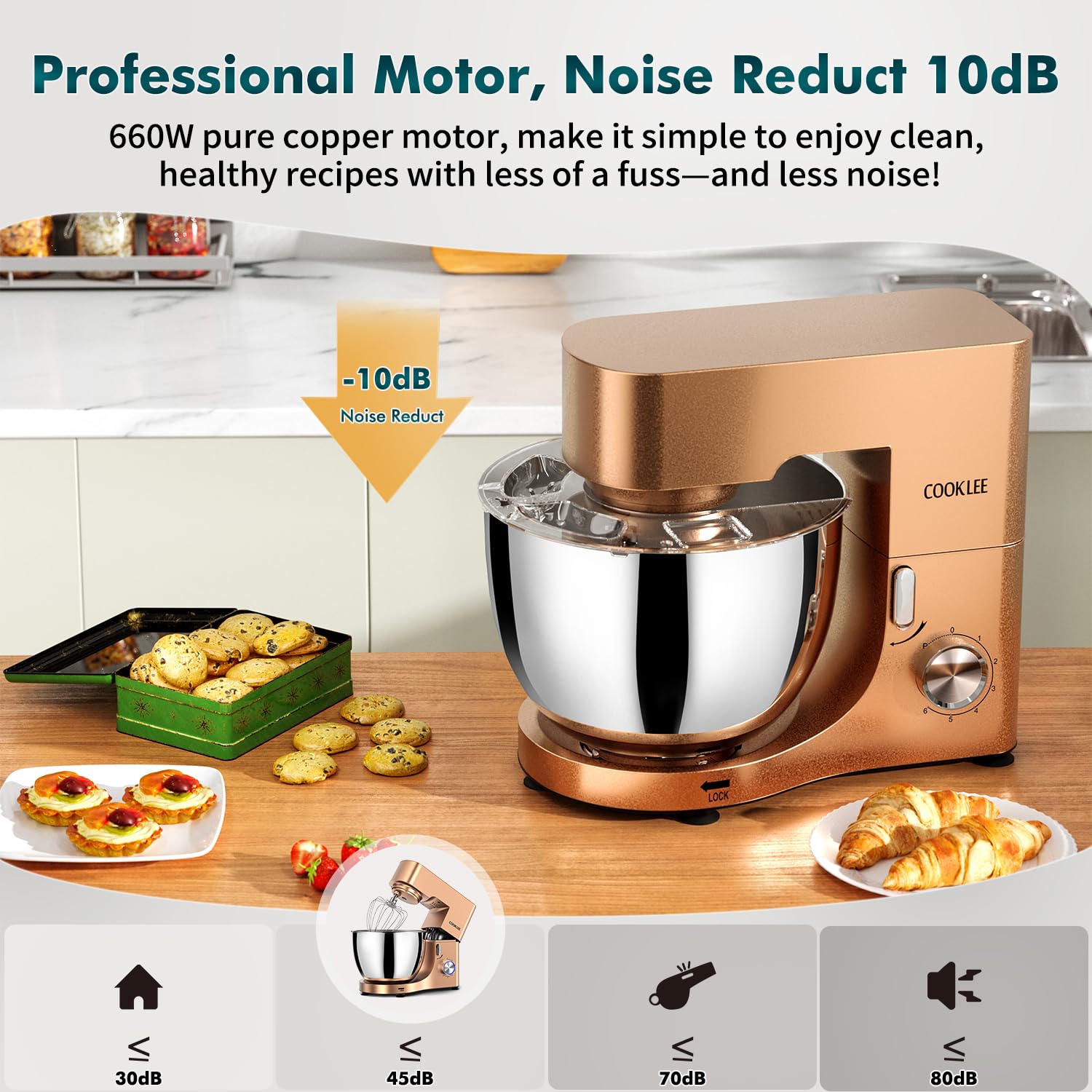 COOKLEE 9.5 Qt 660W Stand Mixer - Professional Electric Kitchen Mixer with Dishwasher-Safe Dough Hook, Flat Beater, Wire Whip & Pouring Shield Attachments - Perfect for Baking Bread, Cakes, Cookies & More - Champagne Color