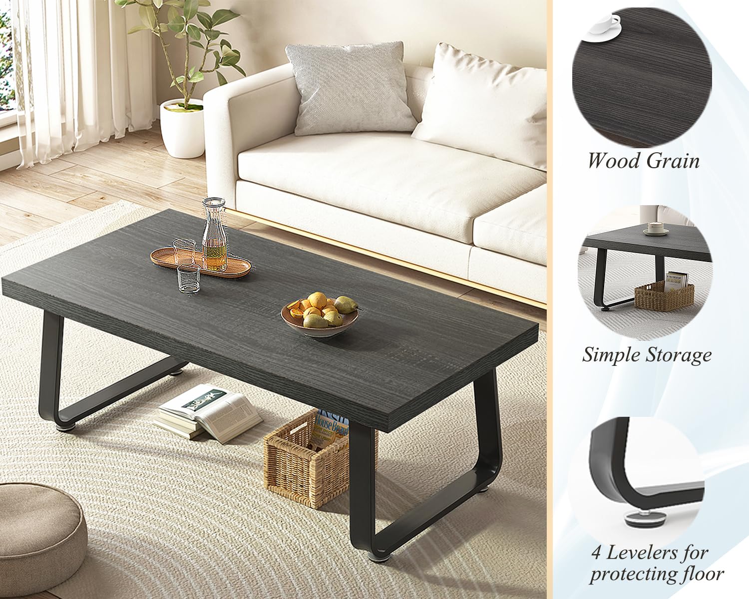 HSH Industrial Wooden Coffee Table - Modern Minimalist Rectangular Center Table with Wood & Metal Legs, Dark Gray Oak, 47 Inch - Perfect for Living Room, Bedroom & Home Office | Cocktail Table, Tea Table, Accent Table for Stylish Home Decor