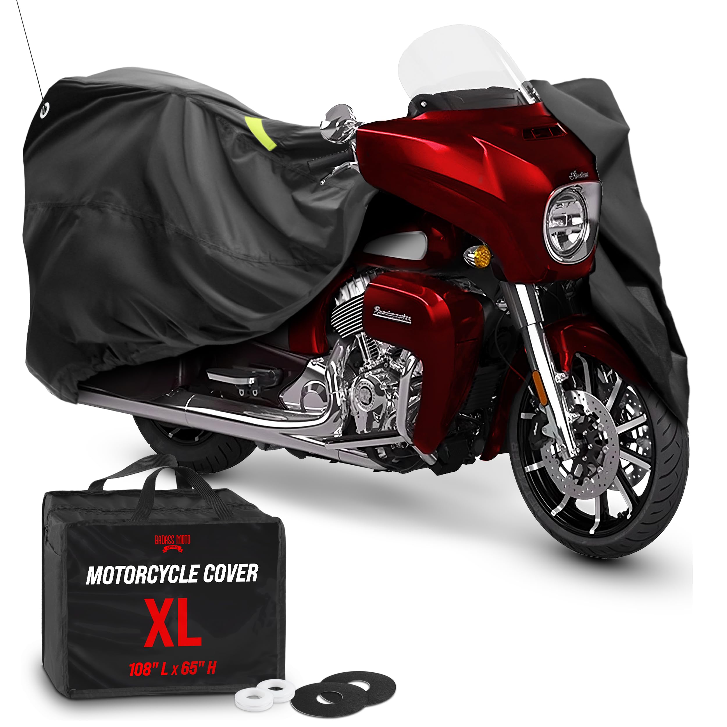 Badass Moto - Extra Large Waterproof Motorcycle Cover for Outdoor Use, Heavy Duty Harley Davidson Cover with Night Reflective Strips (108