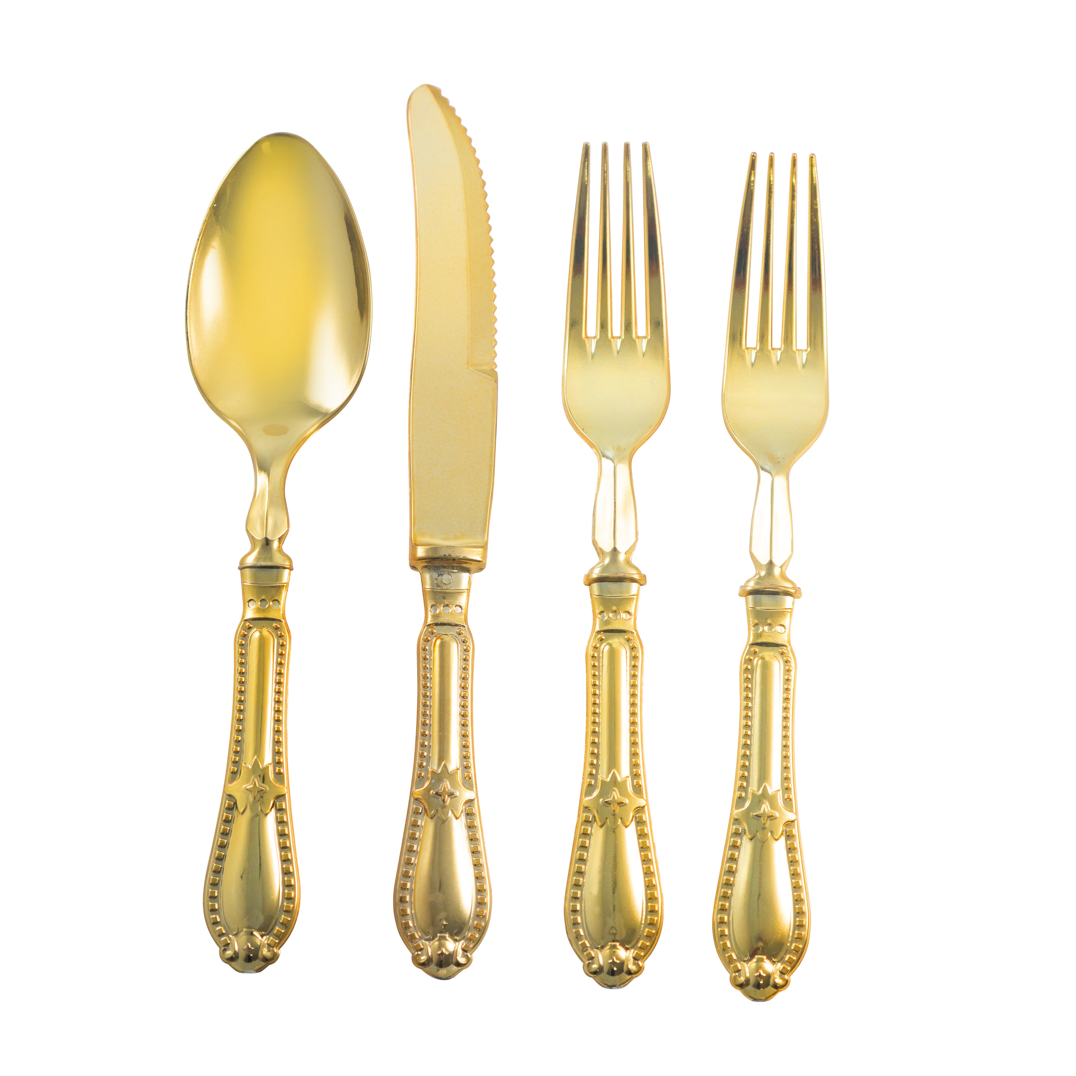 Disposable Shiny Metallic Gold Flatware Set - Elegant Baroque Style Plastic Cutlery for Parties, Weddings, and Special Events